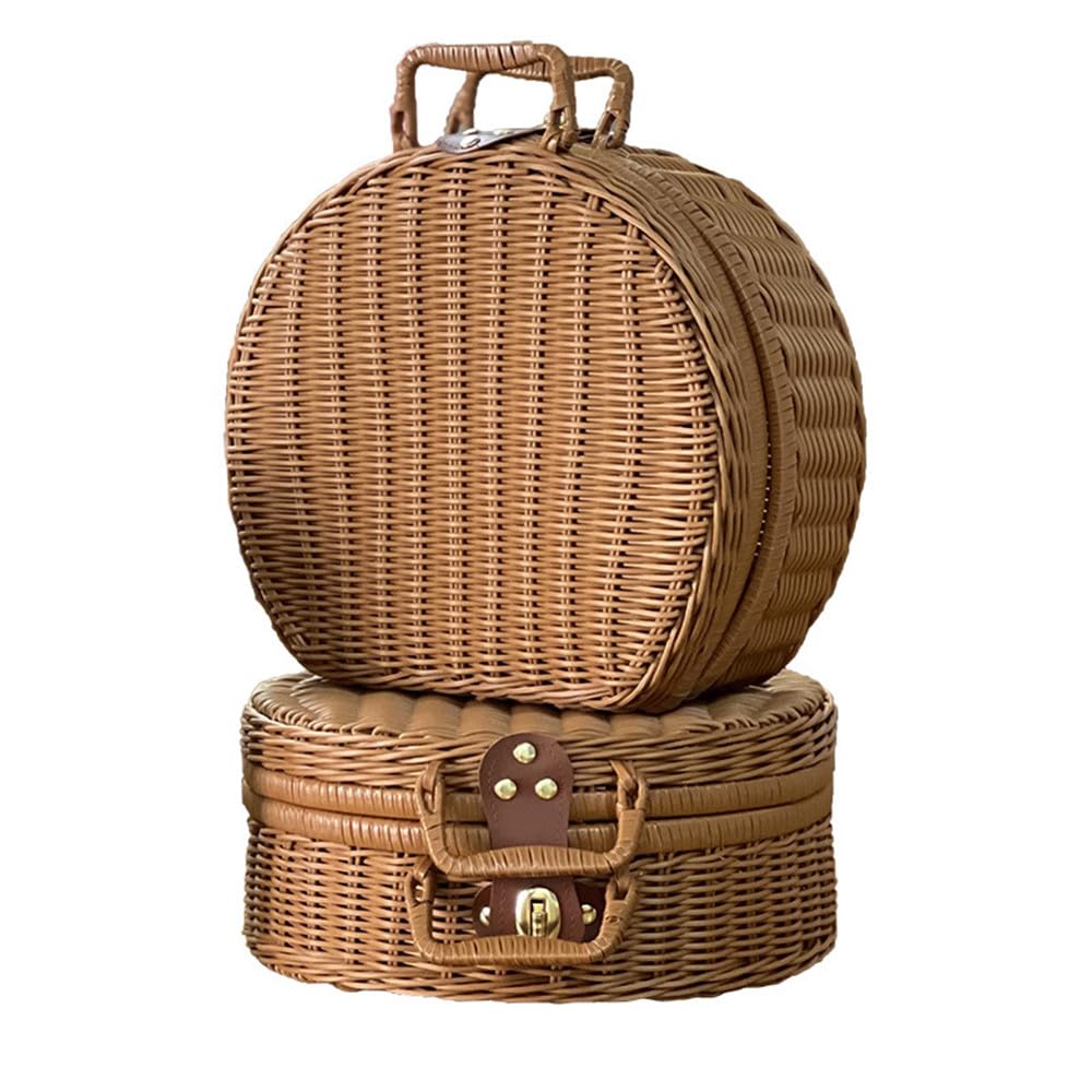 QRZLP Wicker Storage Basket, Round Vine Weaving Storage Handbag with Hand Small Suitcase Retro Weaving Vine Weaving Carrying Case Gift Box. (S)