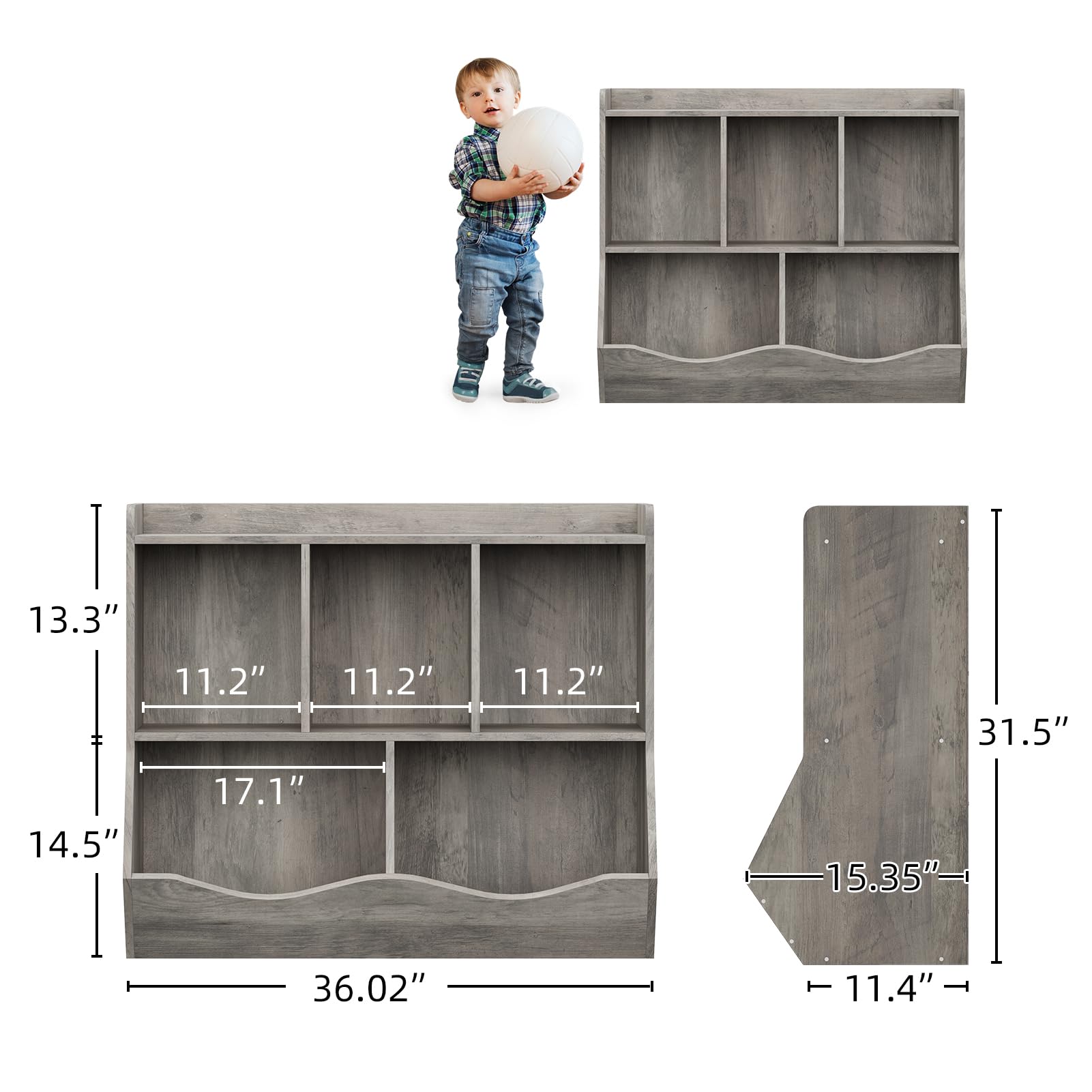 IDEALHOUSE Toy Storage Organizer, Bookshelf for Kids, 5 Cubby Bookcase Footboard, Wood Toys Storage Cabinet, Toddler Book Toy Shelf for Playroom, Bedroom, Nursery, Hallway, School, Grey