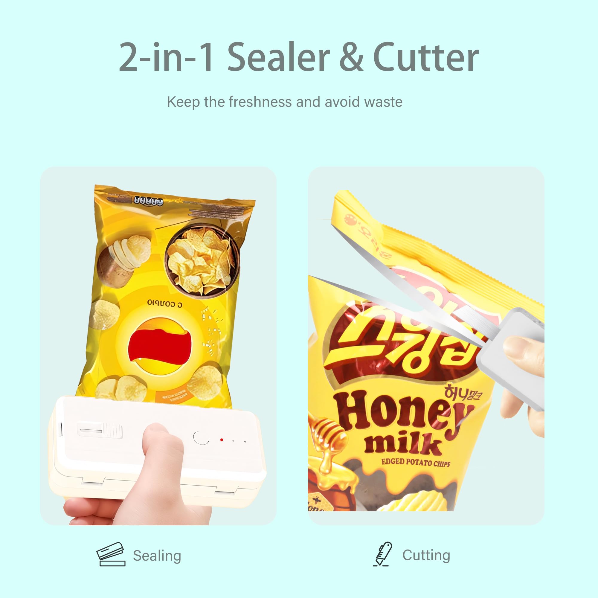 Hokant Mini Bag Sealer Handheld Heat Vacuum Sealer and Cutter, 1300mAh Rechargeable Portable Mini Sealing Machine with 3 Sealing Gear for Chip Bags Plastic Bags Food Storage