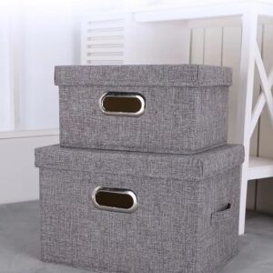 Grey Collapsible Storage Box with Lid, Cotton Linen Washable Dorm Office Bedroom Organizer