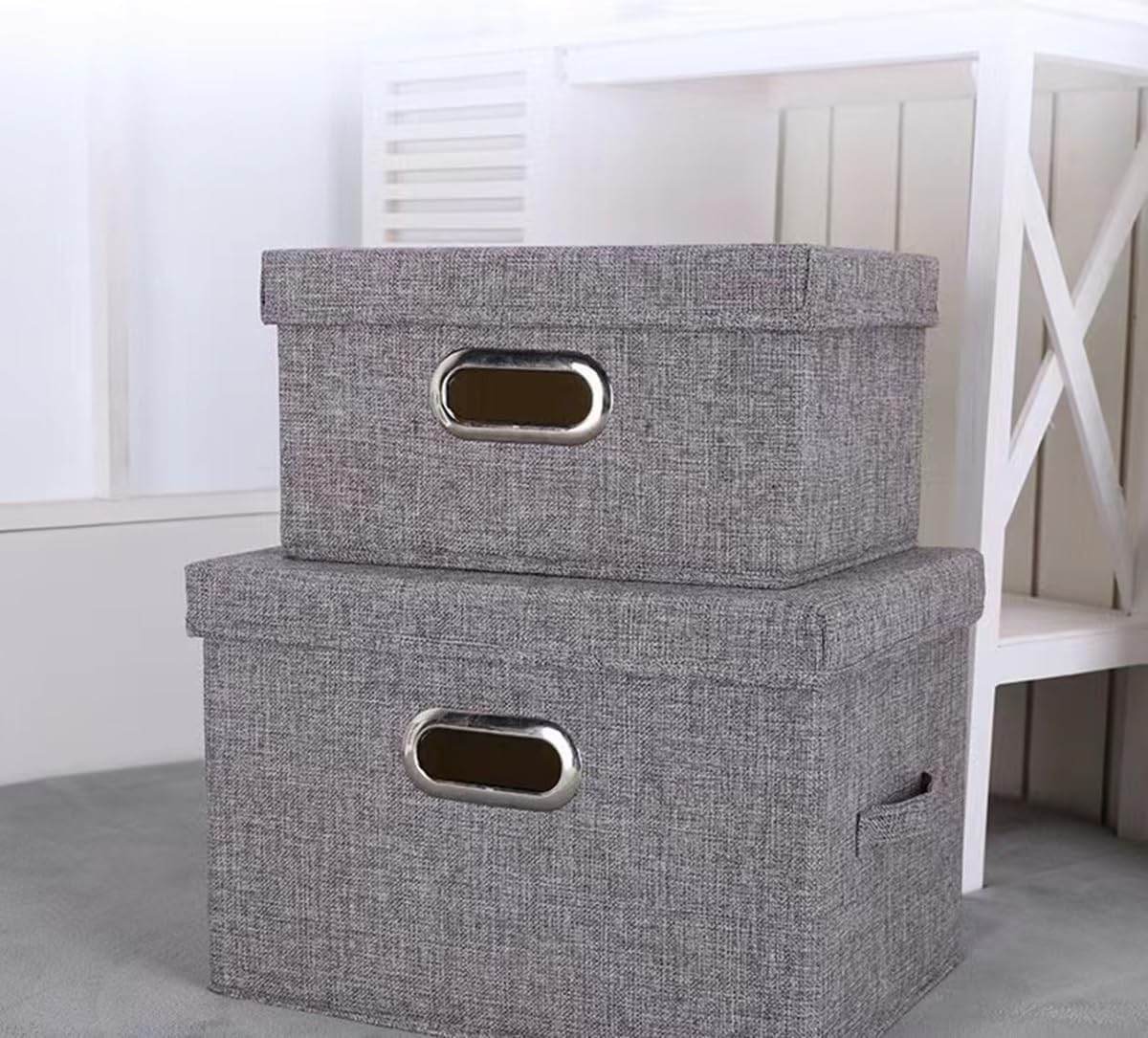 Grey Collapsible Storage Box with Lid, Cotton Linen Washable Dorm Office Bedroom Organizer