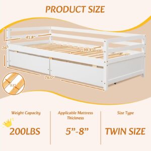 ROCKINGRUN Twin Daybed with 2 Storage Drawers,Pinewood Twin Size Daybed Frame with Guardrail,for Boys/Girls/Teens Bedroom, Easy to Assemble, No Box Spring Needed,White