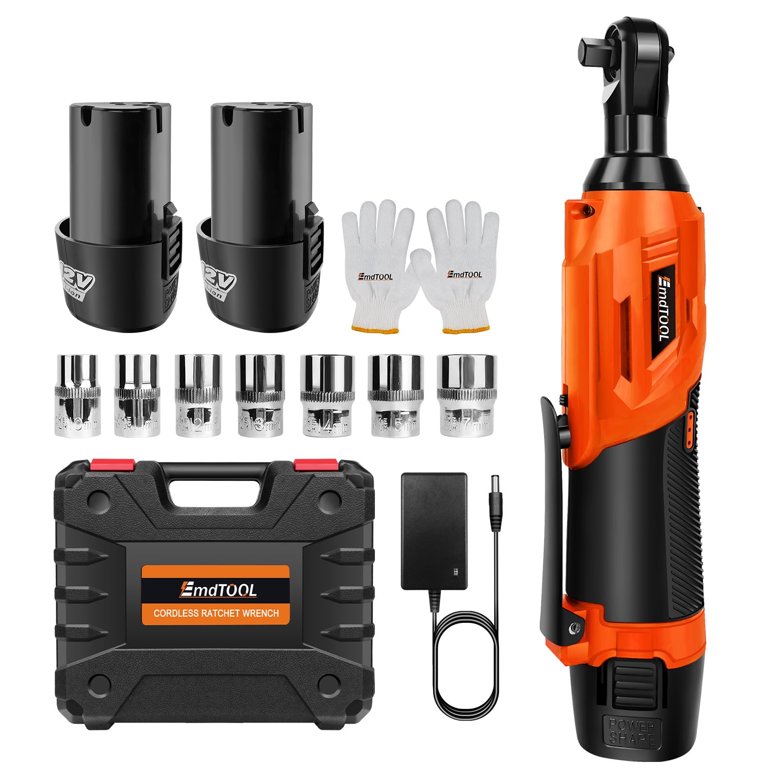 HSHa Cordless Electric Ratchet Wrench Set, 3/8" 12V Power Ratchet Driver w/Safe Lock Switch & LED Light, 7 Sockets, 2-Pack Lithium-Ion Batteries and 60-Min Fast Charge