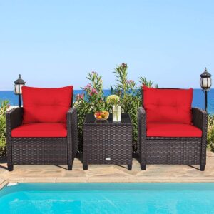 ldaily patio furniture set, 3 pieces pe rattan wicker patio sofa chairs with washable cushion & glass table, outdoor furniture conversation sets for porch, balcony, garden, poolside (red)