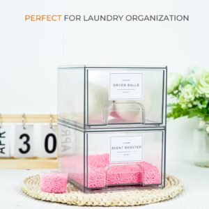 Laundry Room Organization Storage Drawer with Labels, Dryer Sheet Holder, Laundry Pod Containers, Laundry Detergent Dispenser, Clear Stackable Drawers for Laundry Room Organizing Decor (2 pack)