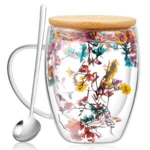 rtteri 11.84 oz double wall glass coffee mug with bamboo lid and spoon clear eternal flower insulated glass coffee mugs with handle double glass coffee cup glass tea cup for cappuccino latte beverage