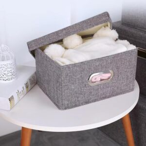 Grey Collapsible Storage Box with Lid, Cotton Linen Washable Dorm Office Bedroom Organizer