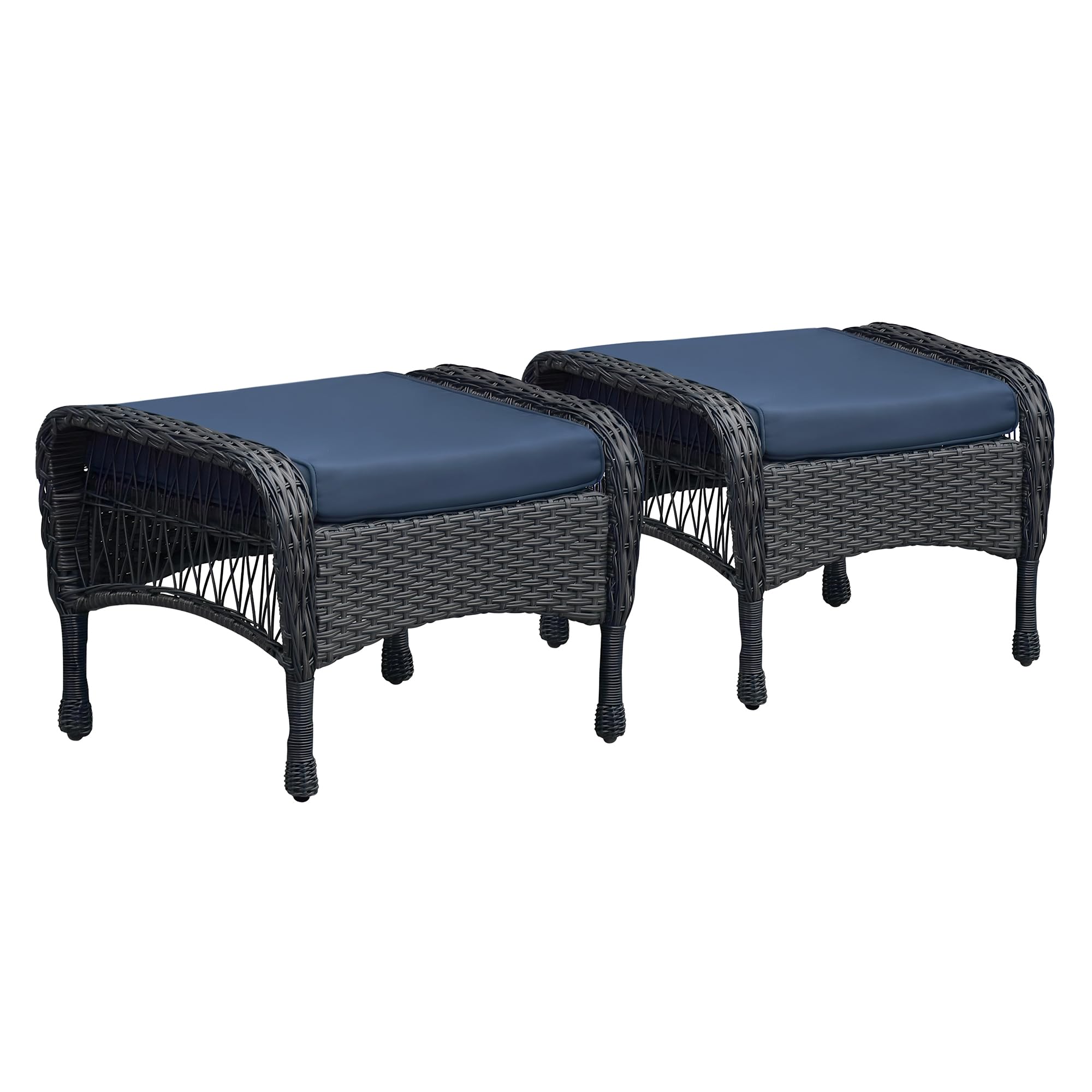 Set of 2 Wicker Ottomans, Outdoor Wicker Footstool with Soft Zippered Cushions, 3-in-1 Function Footrest Seat & Side Table for Patio, Backyard, Balcony, Poolside (Navy Blue)