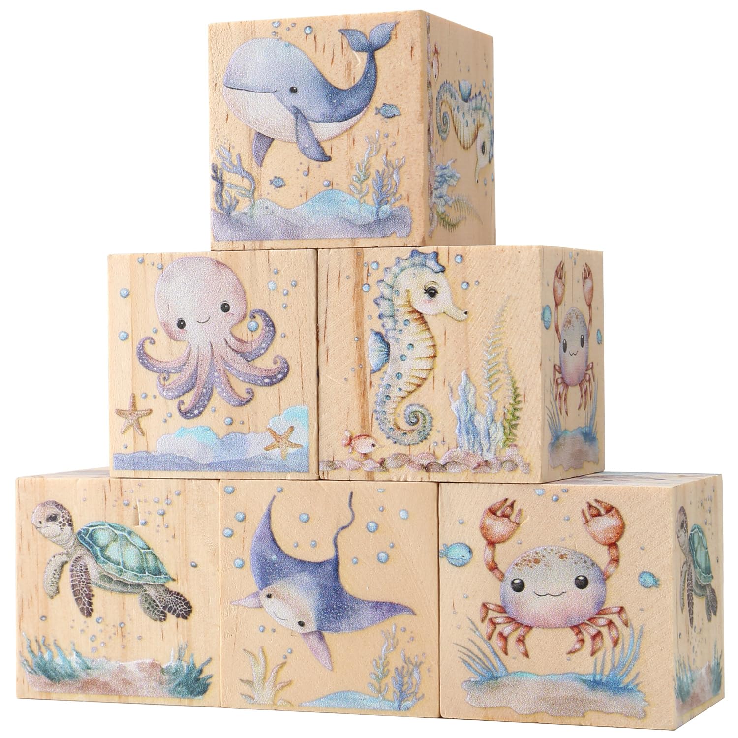 6 Pcs Ocean Animal Nursery Decor Blocks Wooden Shelf Decor for Baby Nursery Room Kids Bedroomm