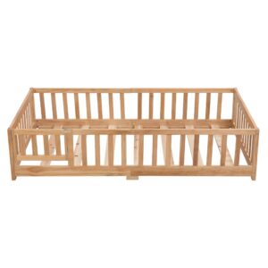 TesNus Twin Size Floor Bed with Door, Montessori Bed with Rails and Slats for Boys and Girls, Solid Wood Platform Bed Frame for Kids with Fence,Natural Wood