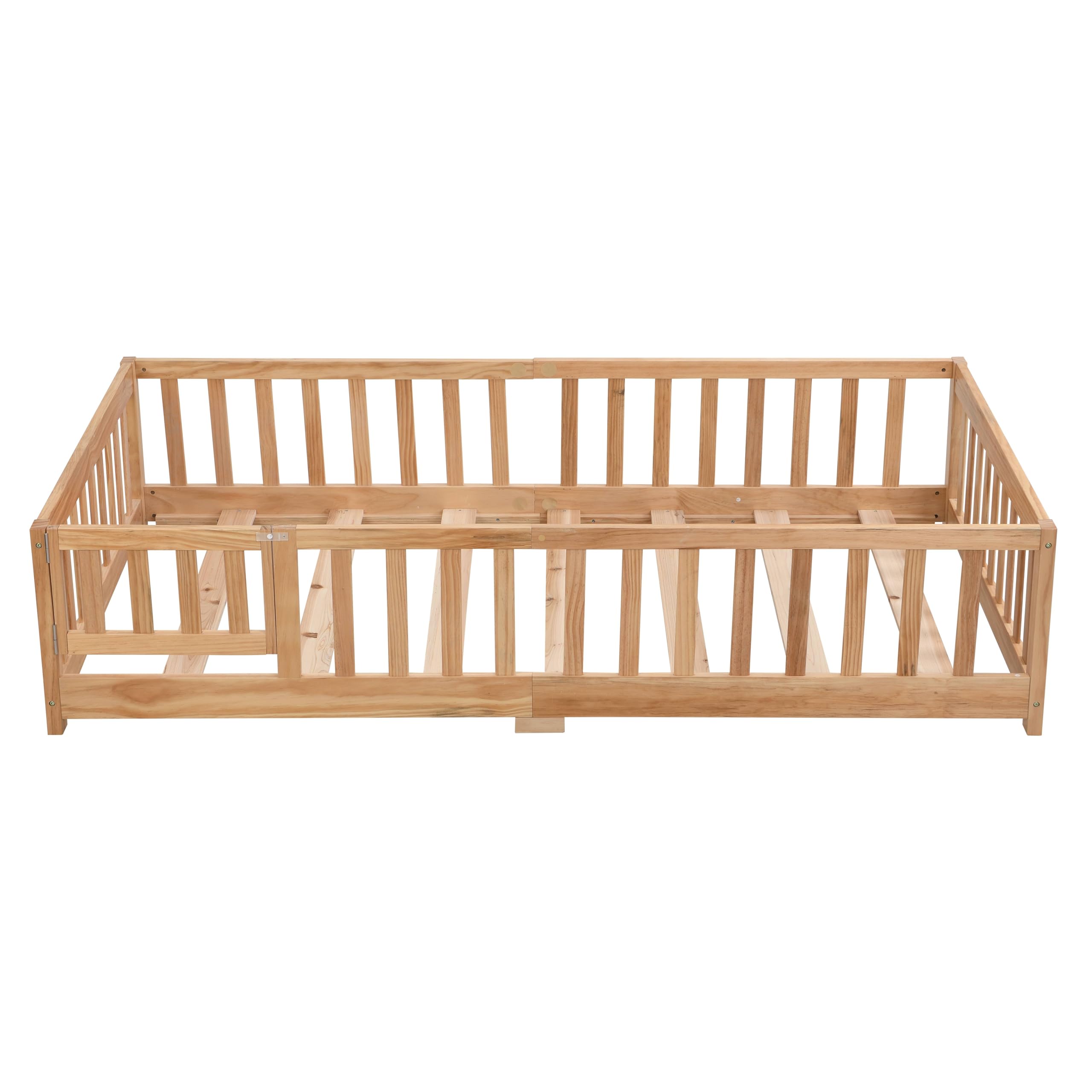 TesNus Twin Size Floor Bed with Door, Montessori Bed with Rails and Slats for Boys and Girls, Solid Wood Platform Bed Frame for Kids with Fence,Natural Wood