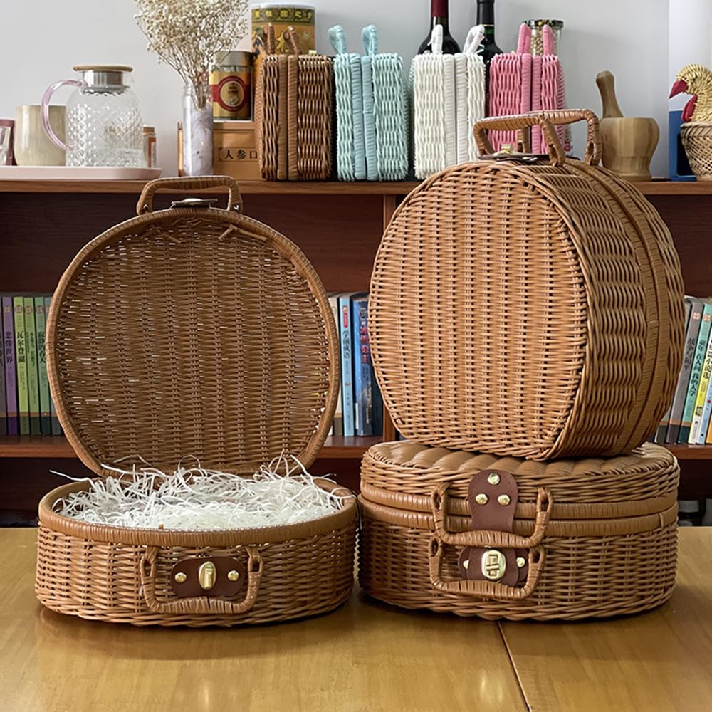 QRZLP Wicker Storage Basket, Round Vine Weaving Storage Handbag with Hand Small Suitcase Retro Weaving Vine Weaving Carrying Case Gift Box. (S)