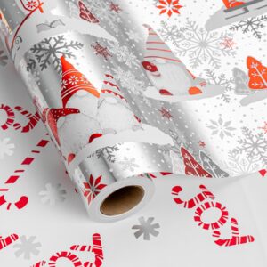 flyhill christmas reversible wrapping paper roll-17in x 33ft(46.8 sqft)-metallic foil shine red and gray gnomes & christmas trees patterns with joy letterings,snowflake,candy canes for birthday,party