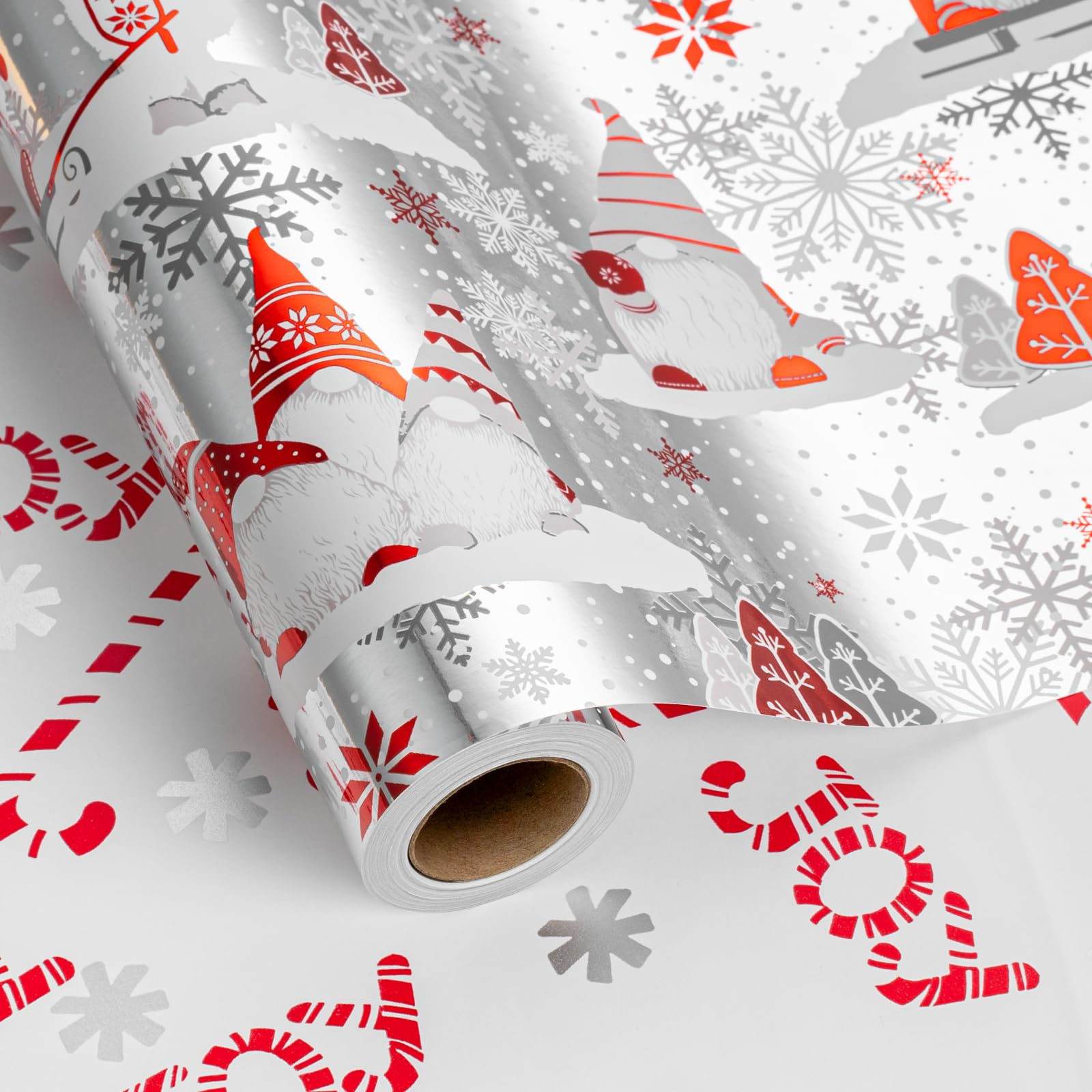 Flyhill Christmas Reversible Wrapping Paper Roll-17in X 33ft(46.8 sqft)-Metallic Foil Shine Red and Gray Gnomes & Christmas Trees Patterns with Joy letterings,Snowflake,Candy Canes for Birthday,Party