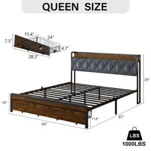 Queen Size Metal Platform Bed Frame with 2 Storage Drawers & LED Light, Upholstered Headboard with Charging Station, No Box Spring Needed, Brown Wood Panel