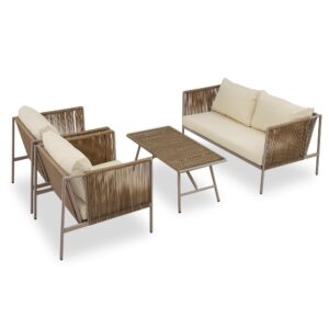 lumisol 4 piece rope outdoor conversation sofa set with toughened glass table, patio furniture set with thick cushions for 4 person, outdoor furniture for porch backyard, beige