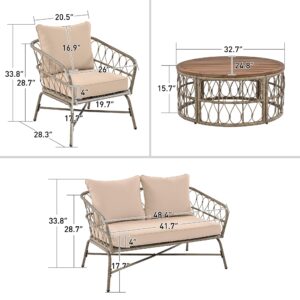 LUMISOL 4 Piece Outdoor Furniture Set with Wood Table, Patio Furniture Set with Removable Cushions, Outdoor Conversation Set for 4 Person, for Backyard Pool, Beige