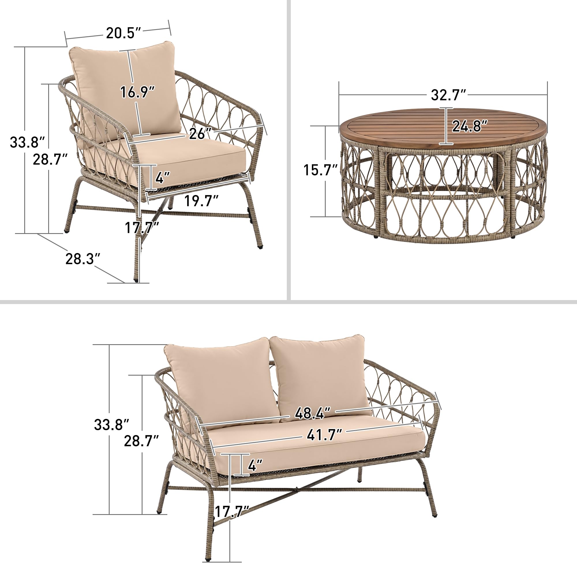 LUMISOL 4 Piece Outdoor Furniture Set with Wood Table, Patio Furniture Set with Removable Cushions, Outdoor Conversation Set for 4 Person, for Backyard Pool, Beige