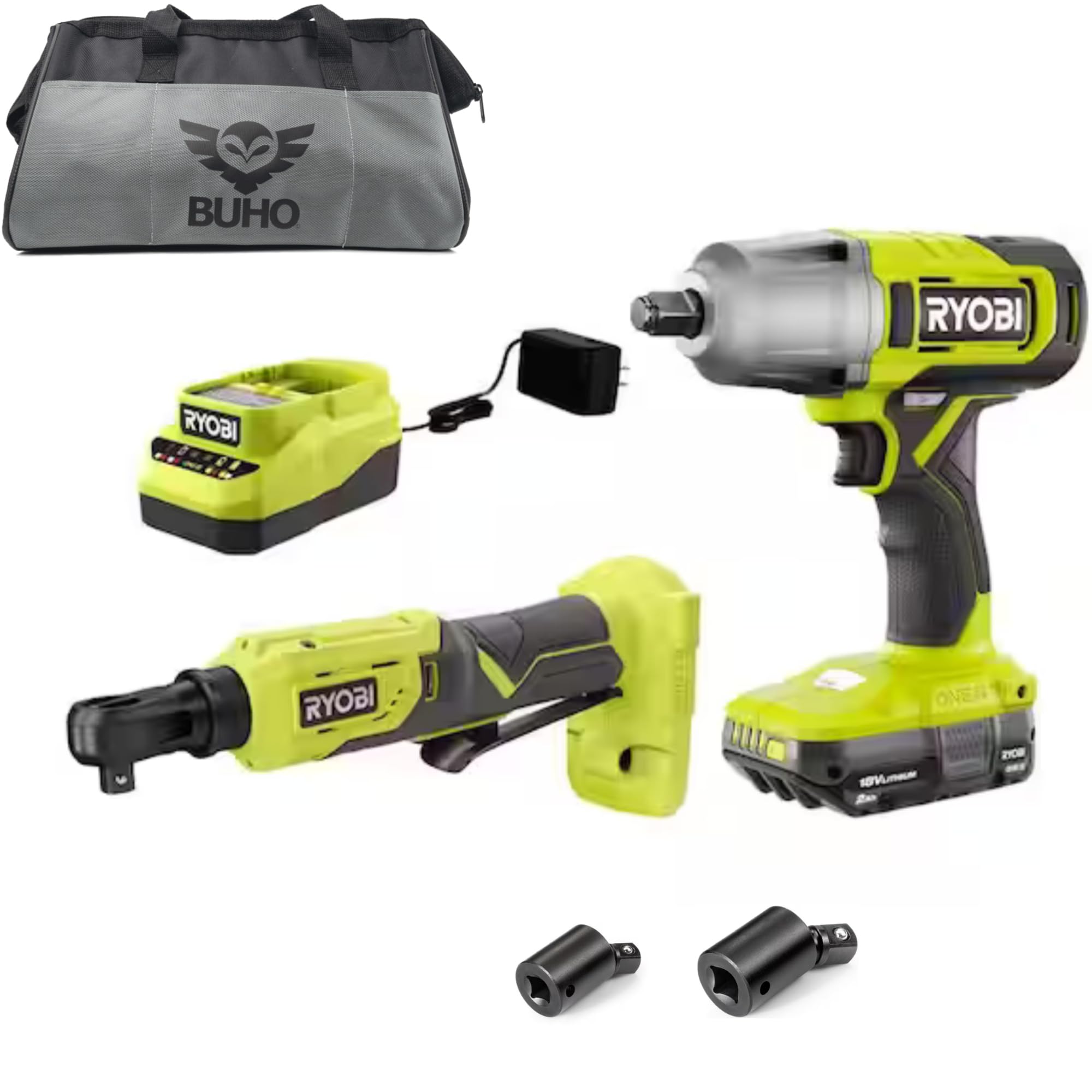 Buho Impact Wrench and Ratchet Accessory Bundle - Cordless 1/2 inch Impact Wrench 3/8 inch 4-Position Ratchet 2.0 Ah Battery 18V Charger 2 Universal Joints Tool Bag