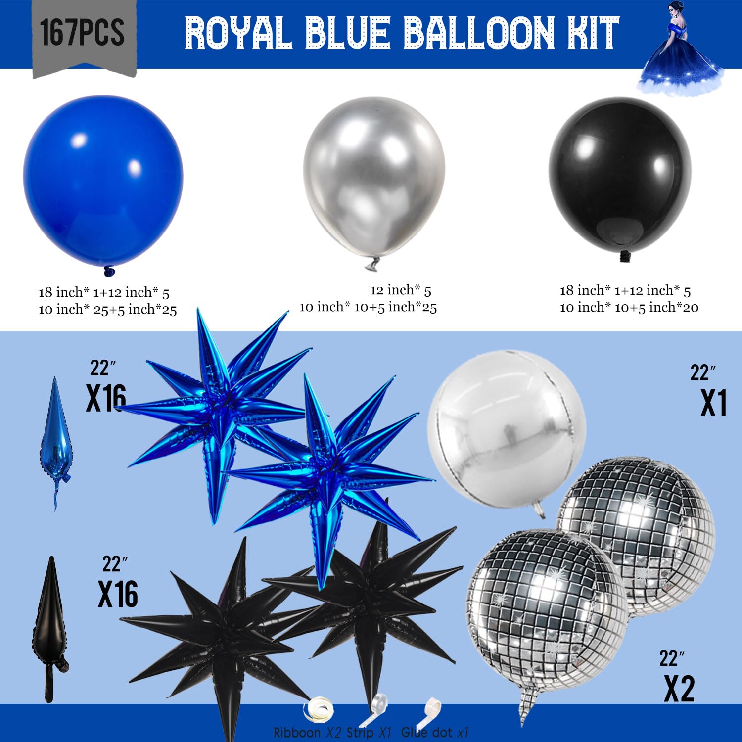 yeewaka royal blue and black silver disco balloon garland arch kit 170+pcs with 4D disco ball diy Star balloons mylar balloon for Birthday graduations Prom disco party decorations