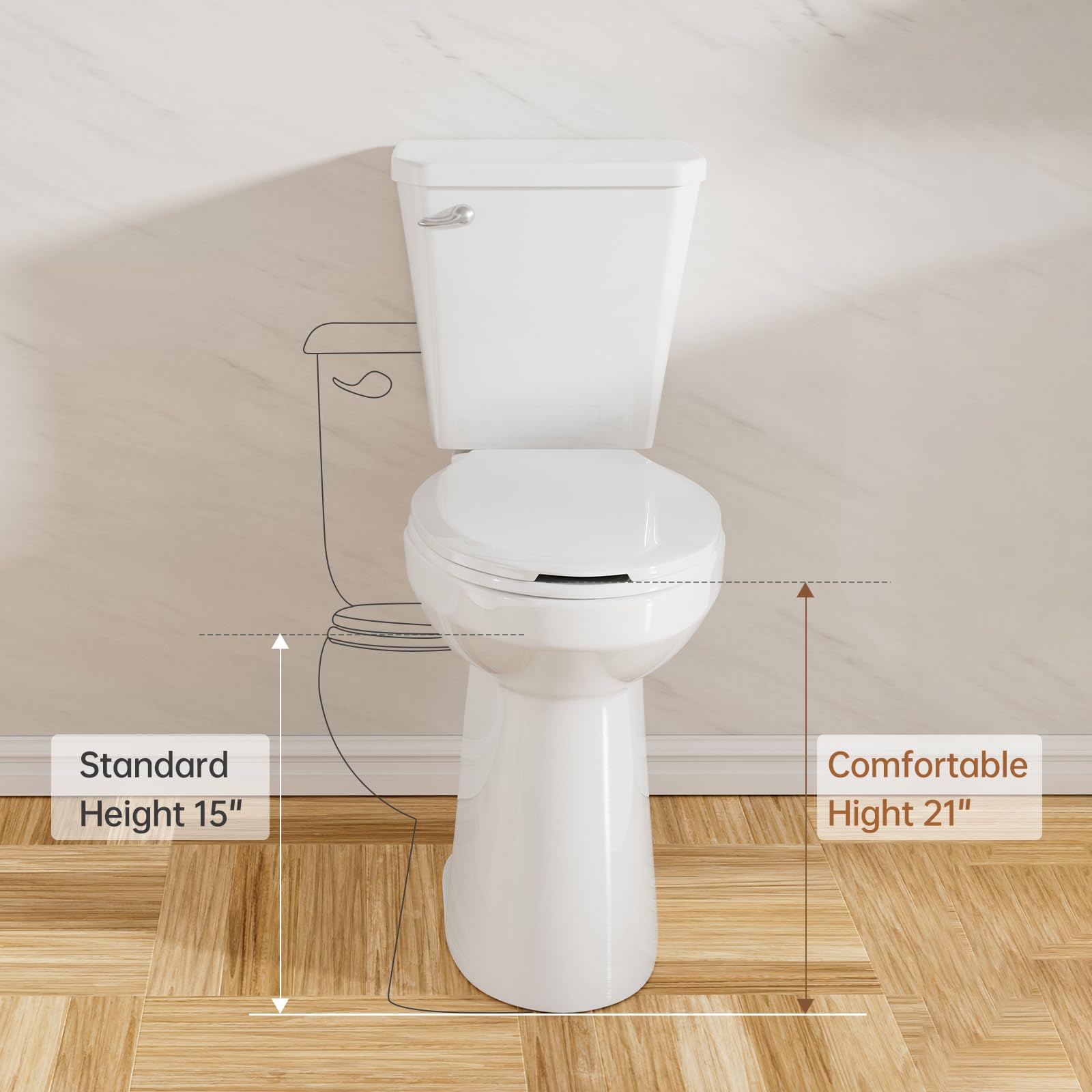 SUPERFLO 21 Inch High Toilet Elongated Extra Tall Toilets with Comfort Height Toilet Seat & 1.28 GPF Single Flush, Suitable For Seniors & Tall Person