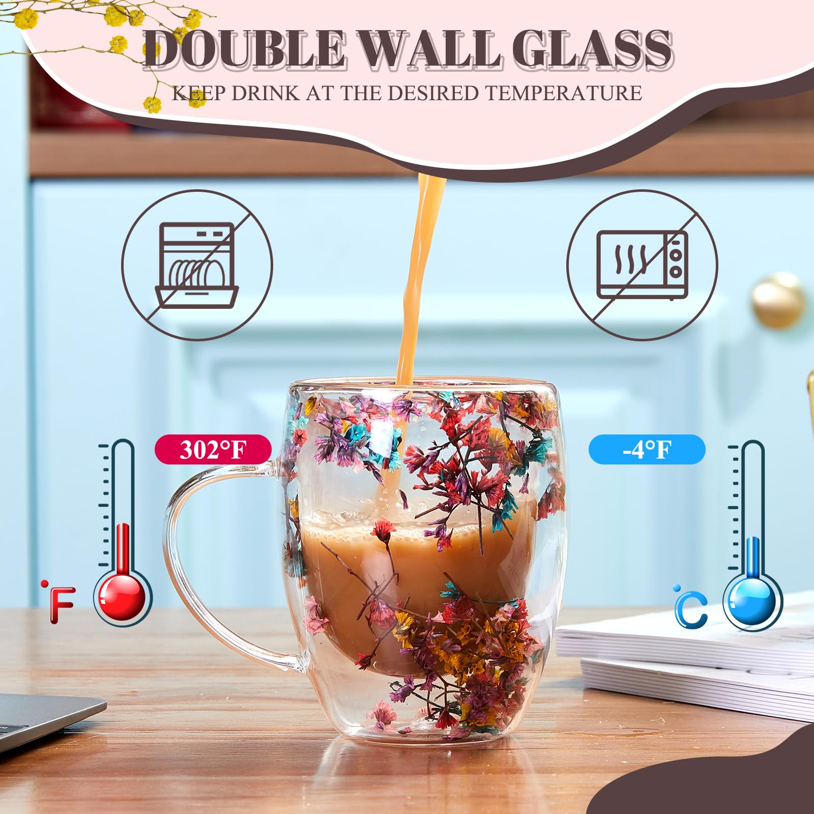 Rtteri 11.84 oz Double Wall Glass Coffee Mug with Bamboo Lid and Spoon Clear Eternal Flower Insulated Glass Coffee Mugs with Handle Double Glass Coffee Cup Glass Tea Cup for Cappuccino Latte Beverage