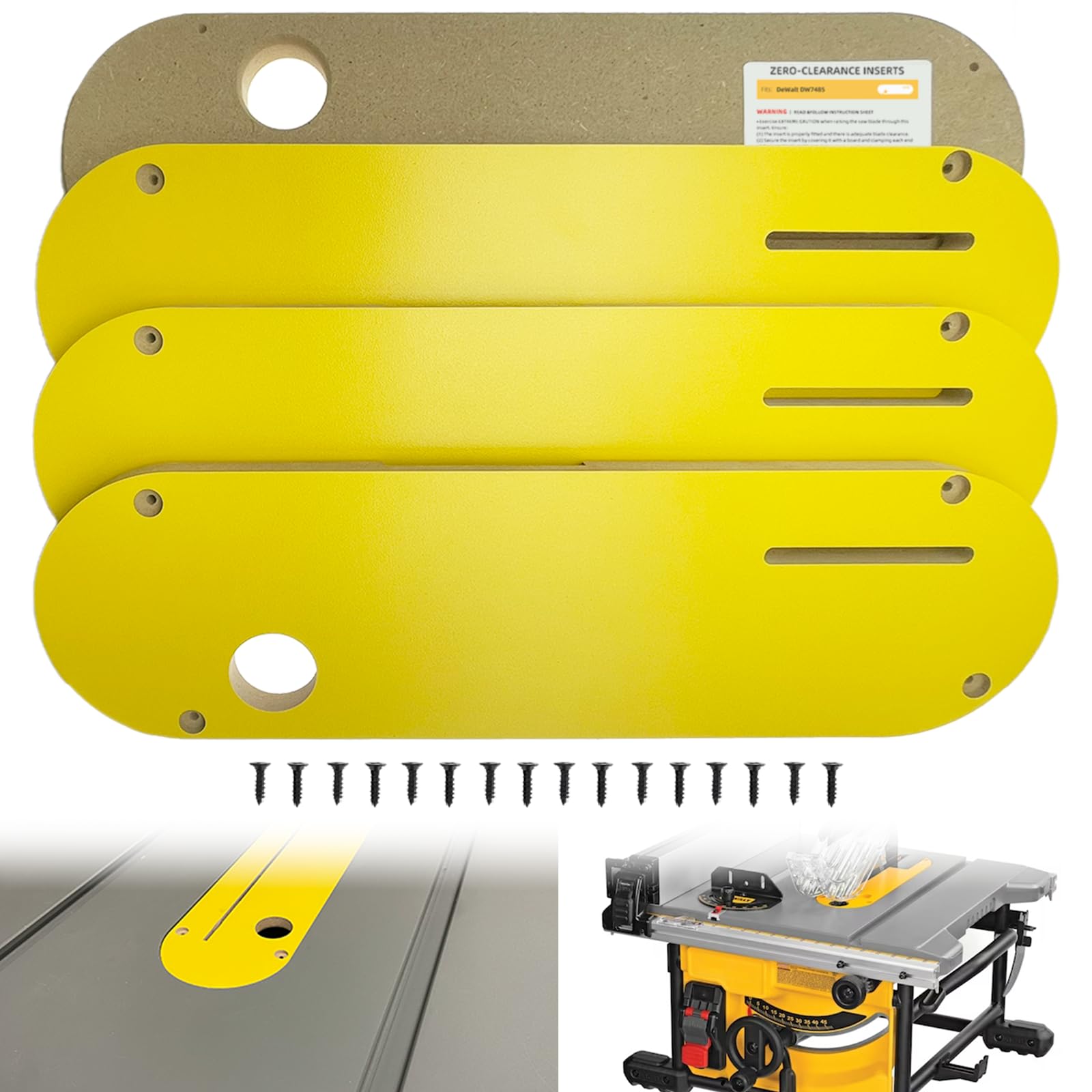 Rolkely Zero Clearance Inserts Compatible with DeWalt DWE7485 with Riving Knife Slot, Precise Cuts with No Tear-out and Helps Improve Dust Flow, Includes Off-set Screws, Easy Height Adjustment, 4-pack