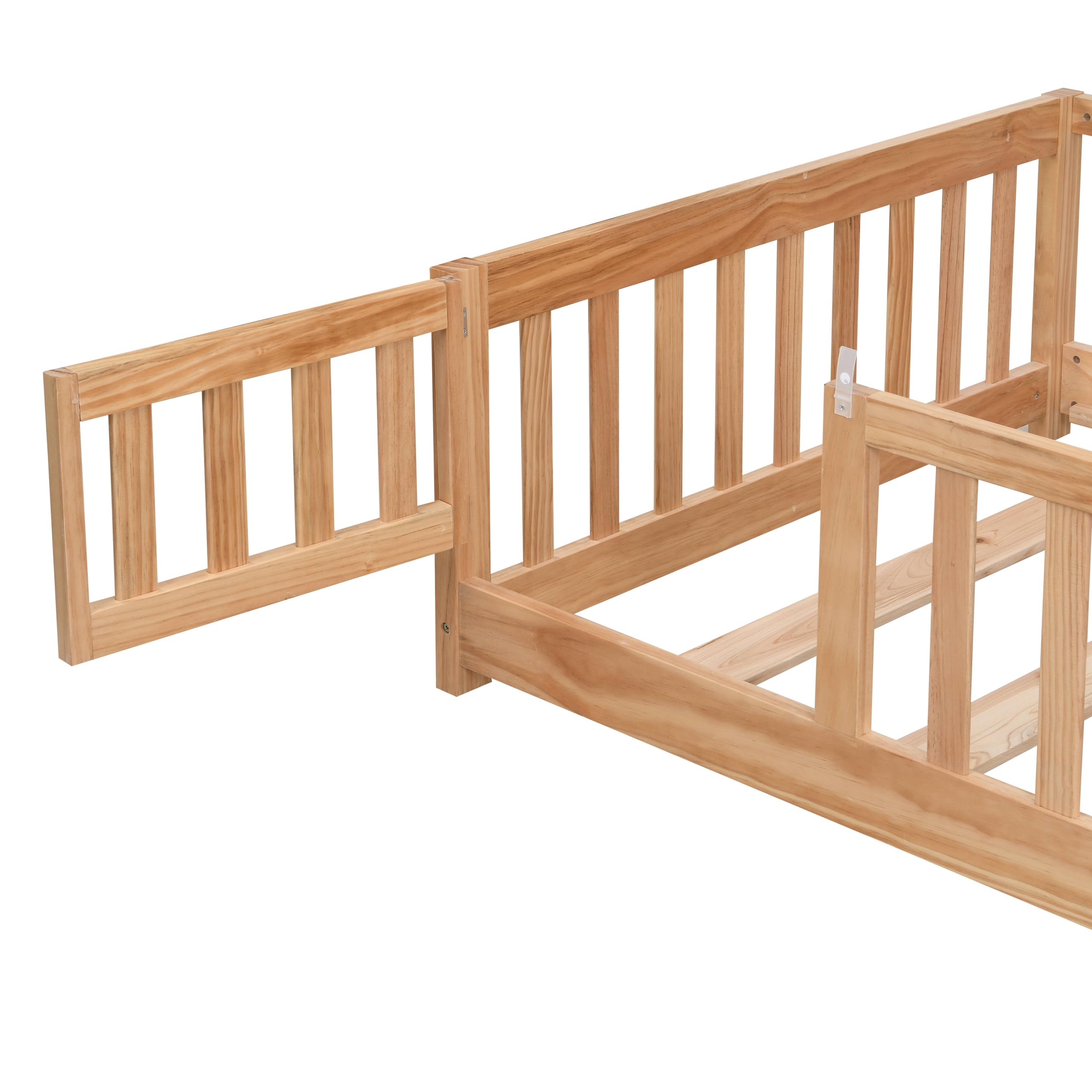 TesNus Twin Size Floor Bed with Door, Montessori Bed with Rails and Slats for Boys and Girls, Solid Wood Platform Bed Frame for Kids with Fence,Natural Wood