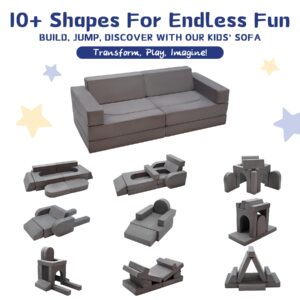 Kinevoli 10pcs Modular Kids Play Couch, Toddler Sectional Sofa for Playroom Bedroom, Convertible Foam and Floor Cushion for Boys & Girls, Gray