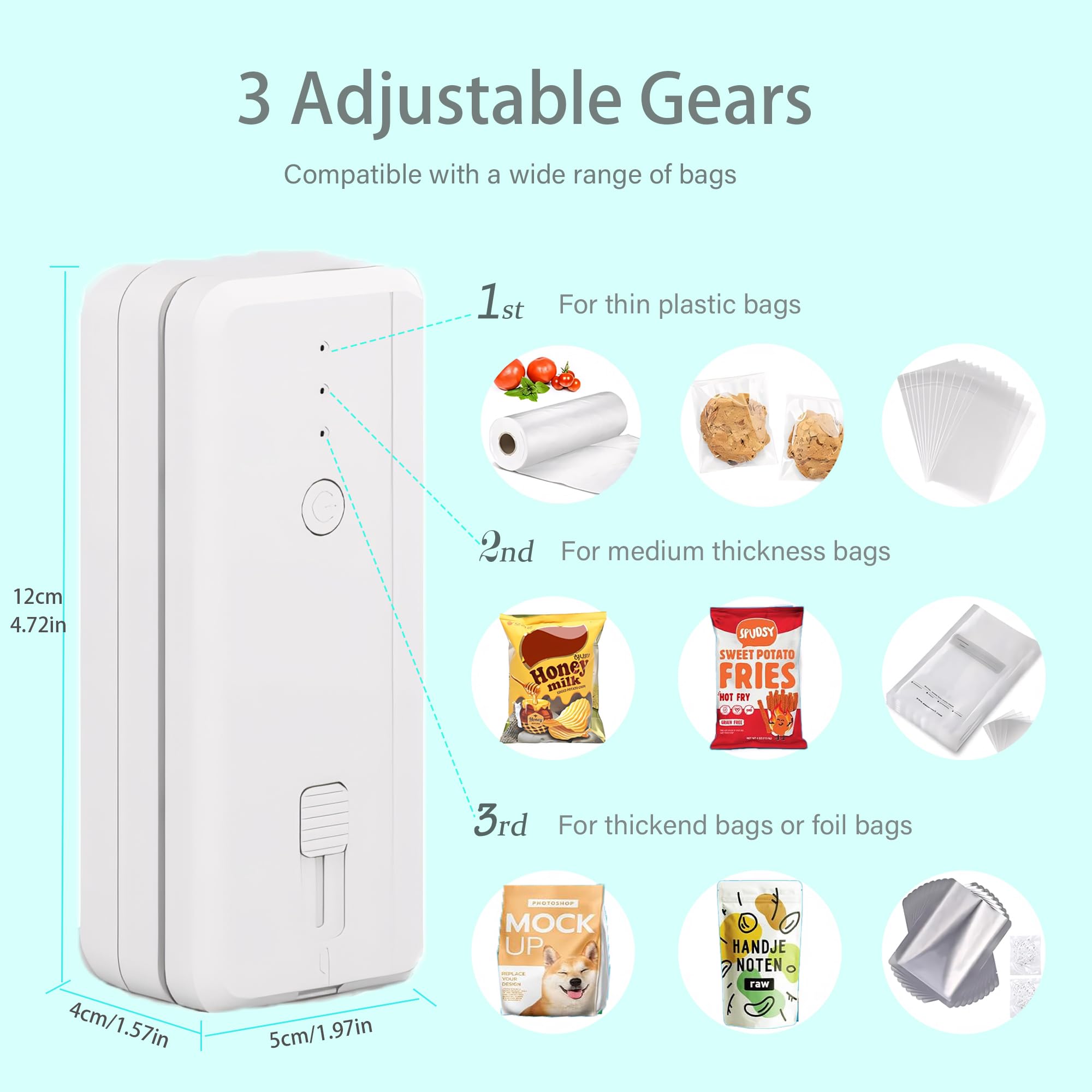 Hokant Mini Bag Sealer Handheld Heat Vacuum Sealer and Cutter, 1300mAh Rechargeable Portable Mini Sealing Machine with 3 Sealing Gear for Chip Bags Plastic Bags Food Storage