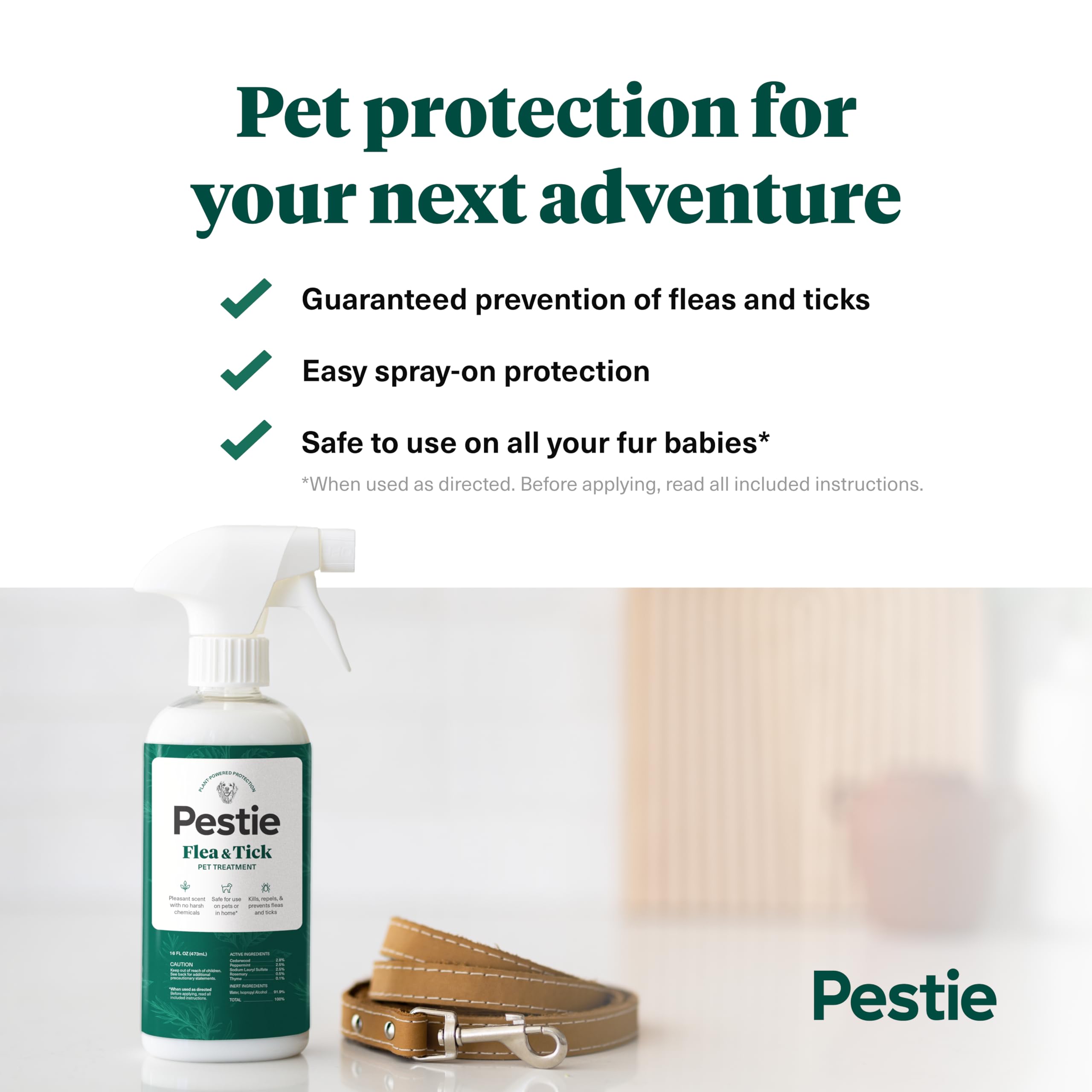 Pestie Flea & Tick Treatment for Pets, Plant-Powered Spray, Repels and Kills Fleas, Ticks and Mosquitos, Safe for Cats and Dogs, Easy Spray-On, Featuring Cedarwood, Peppermint, Thyme, and Rosemary