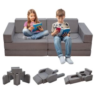 kinevoli 10pcs modular kids play couch, toddler sectional sofa for playroom bedroom, convertible foam and floor cushion for boys & girls, gray