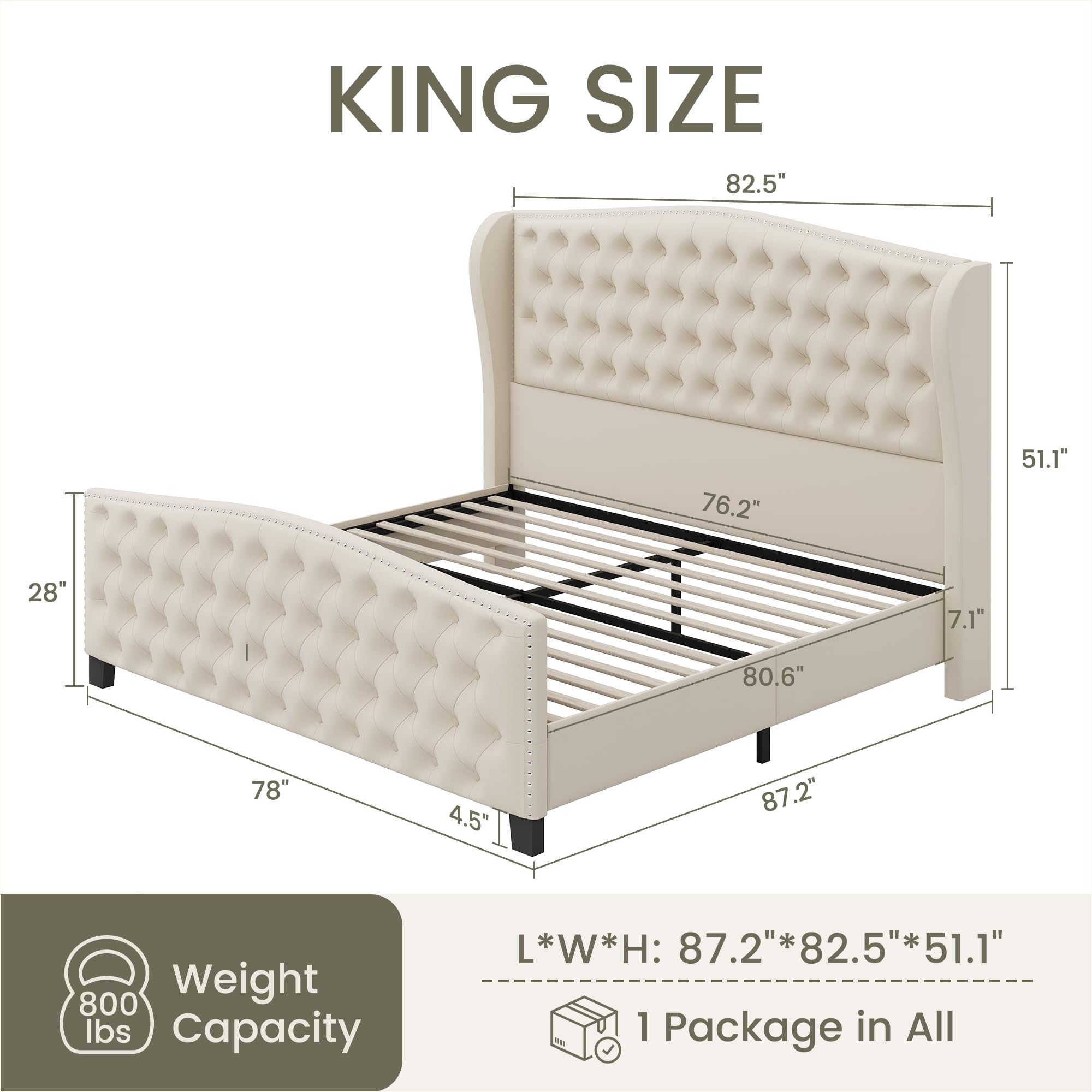 LARMACE King Bed Frame Upholstered Platform Bed with Wingback Headboard & Footbaord Velvet Beds Deep Button Tufted Beds Frames with Wood Slats Support, No Box Spring Needed, Beige