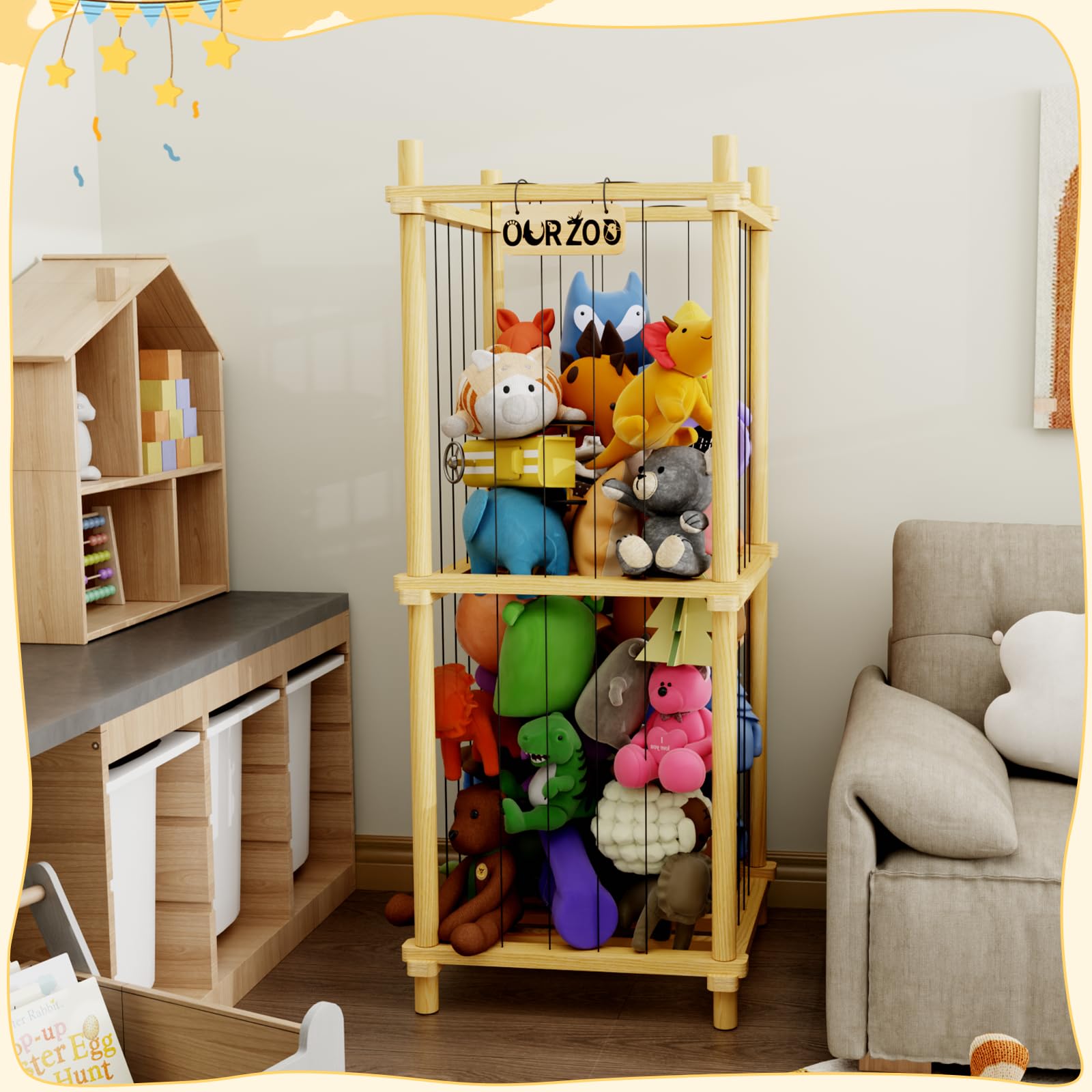 HAIDAIYA Stuffed Animal Zoo Storage Cage Wooden, 41''(3.4ft) Wood Large Stuffed Animal Storage Basket, Toy Storage for Big Stuffed Animals, Large Toy Chest for Kids Girls Boys Toy Organizer Holder