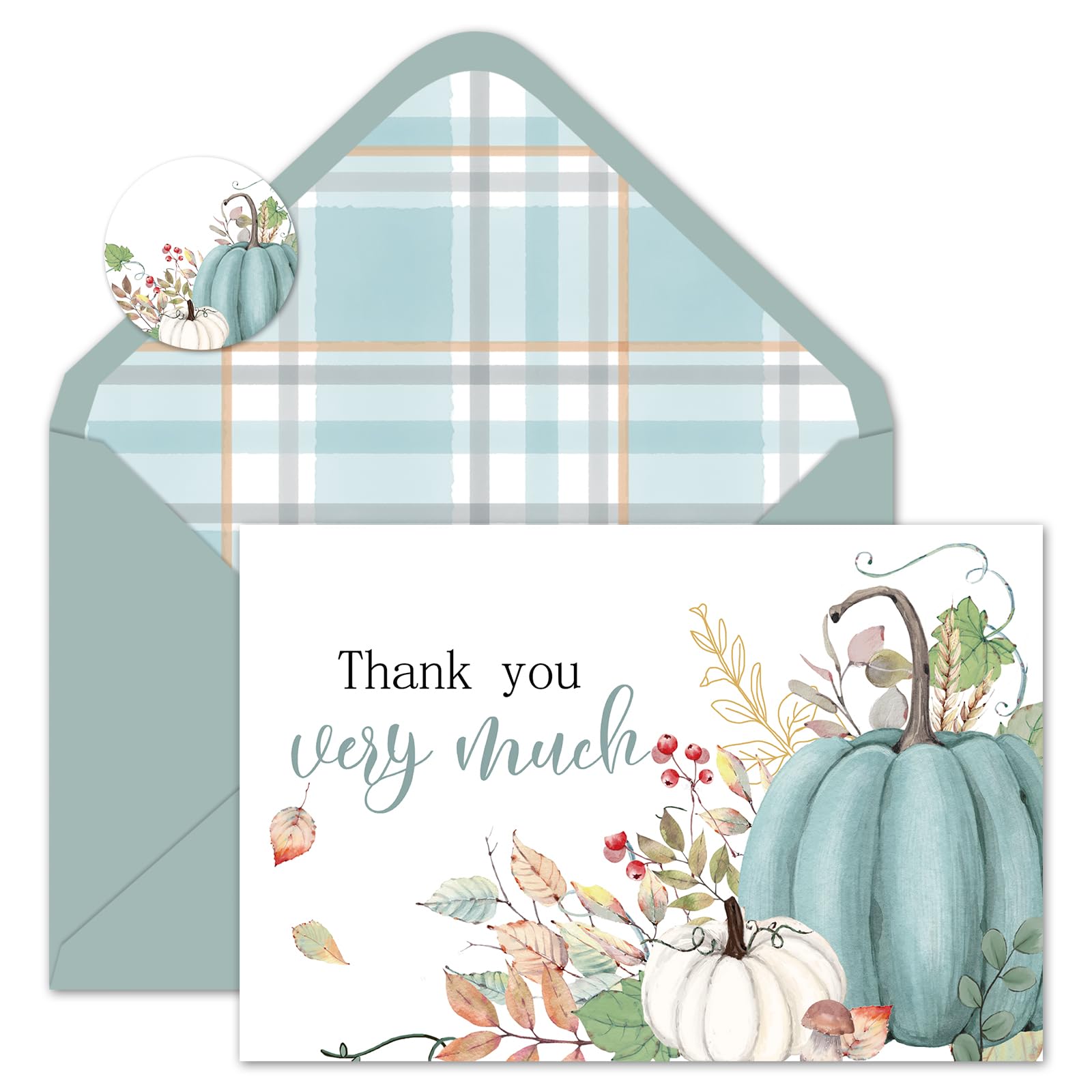 Whaline 24 Pack Fall Thank You Cards Bulk Blue Pumpkin Greeting Cards with Envelope Sticker Blank Note Cards for Autumn Birthday Baby Shower Party Supplies, 4 x 6 Inch