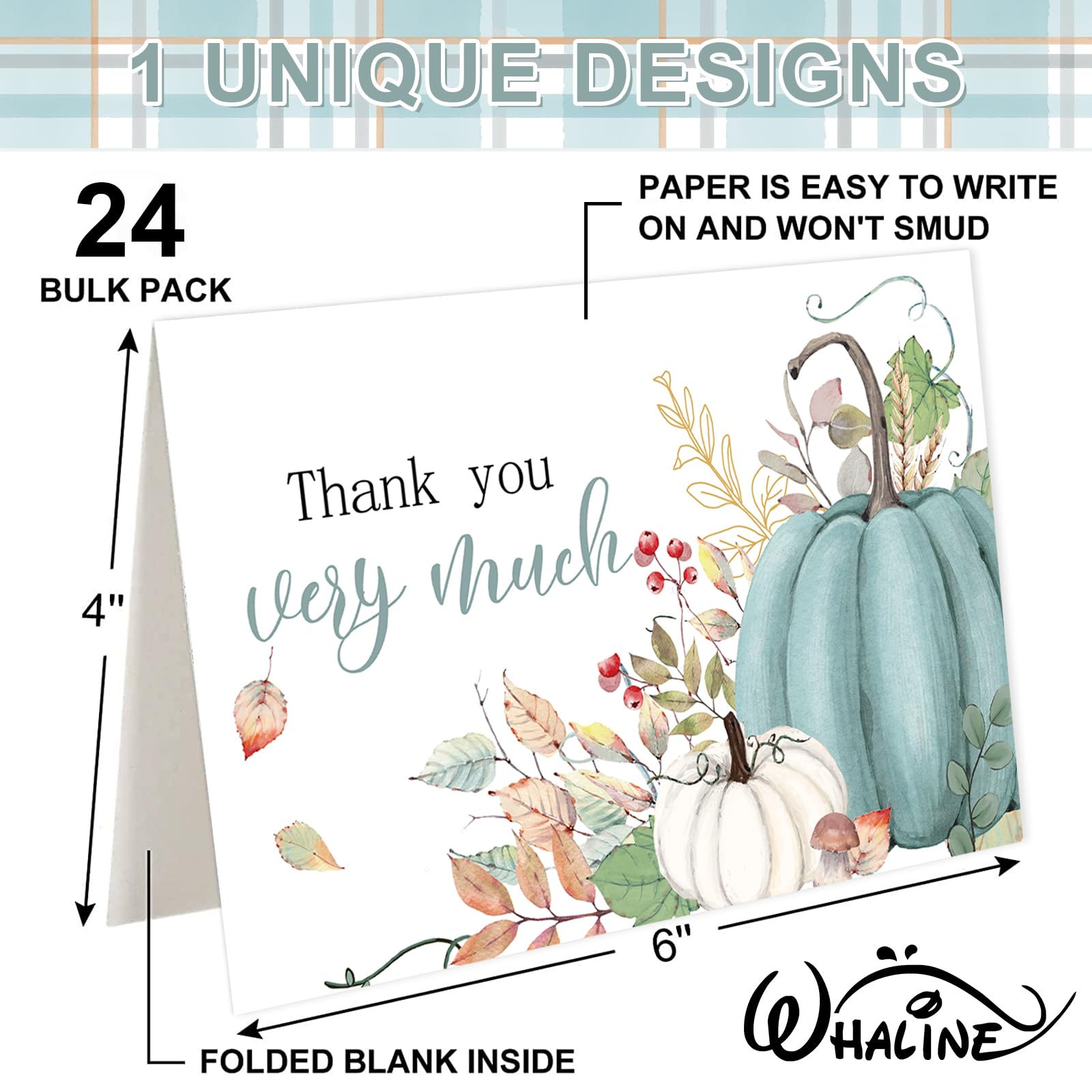 Whaline 24 Pack Fall Thank You Cards Bulk Blue Pumpkin Greeting Cards with Envelope Sticker Blank Note Cards for Autumn Birthday Baby Shower Party Supplies, 4 x 6 Inch