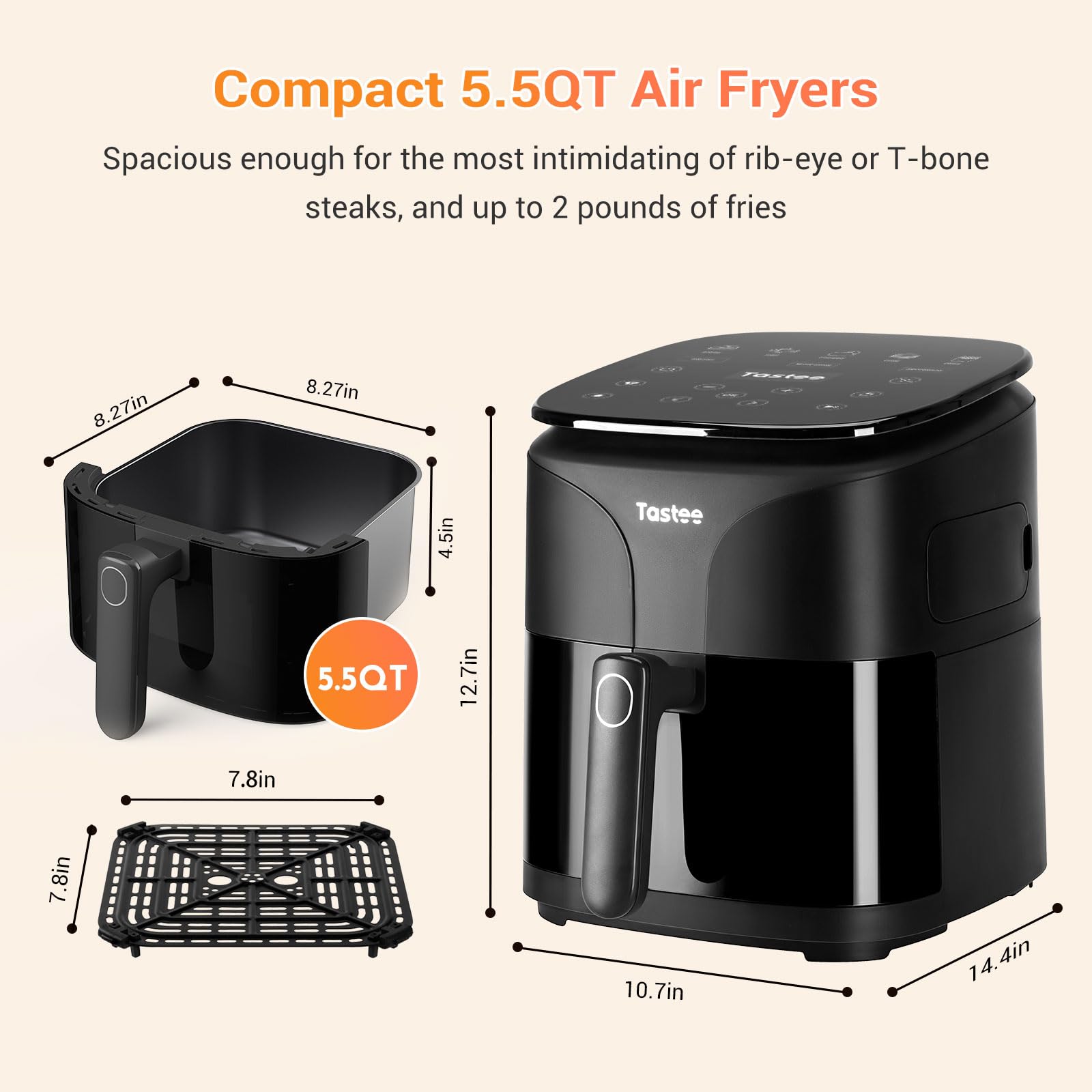 Tastee Air Fryer, 8-in-1 Compact 5.5QT AirFryers, 450°F Digital Airfryer Dehydrator with Dual-sensor Smart Probe, 24 Presets One-touch Cooking, In-app Recipes with Window, Dishwasher-safe & Non-stick