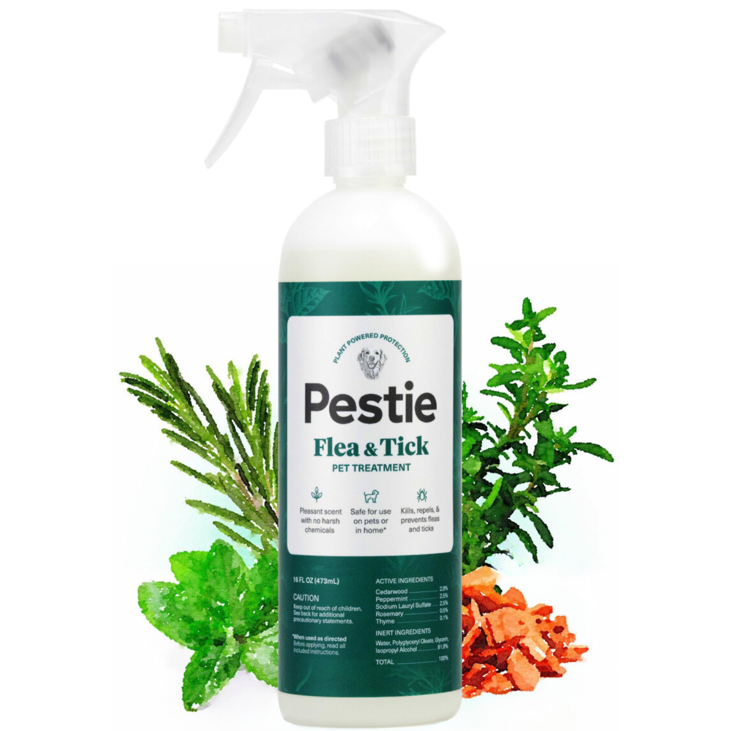 Pestie Flea & Tick Treatment for Pets, Plant-Powered Spray, Repels and Kills Fleas, Ticks and Mosquitos, Safe for Cats and Dogs, Easy Spray-On, Featuring Cedarwood, Peppermint, Thyme, and Rosemary