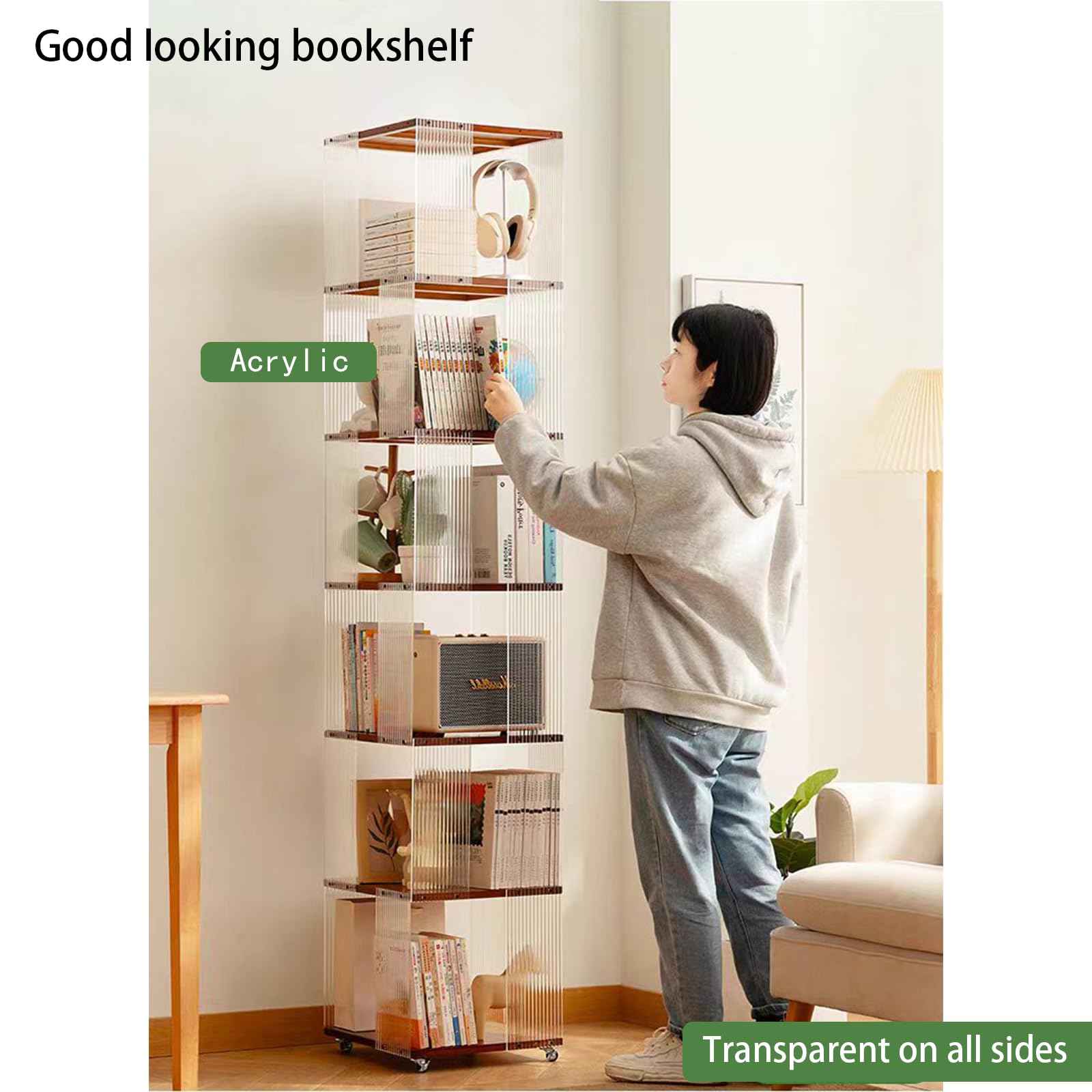 5 Tier Rotating Bookshelf, Clear Bookcase, Modern Storage Organizer Book Case for Bedroom Living Room Home Office, 360 Display Spinning Bookshelf Floor Standing Book Shelf (5 Tier - Natural)