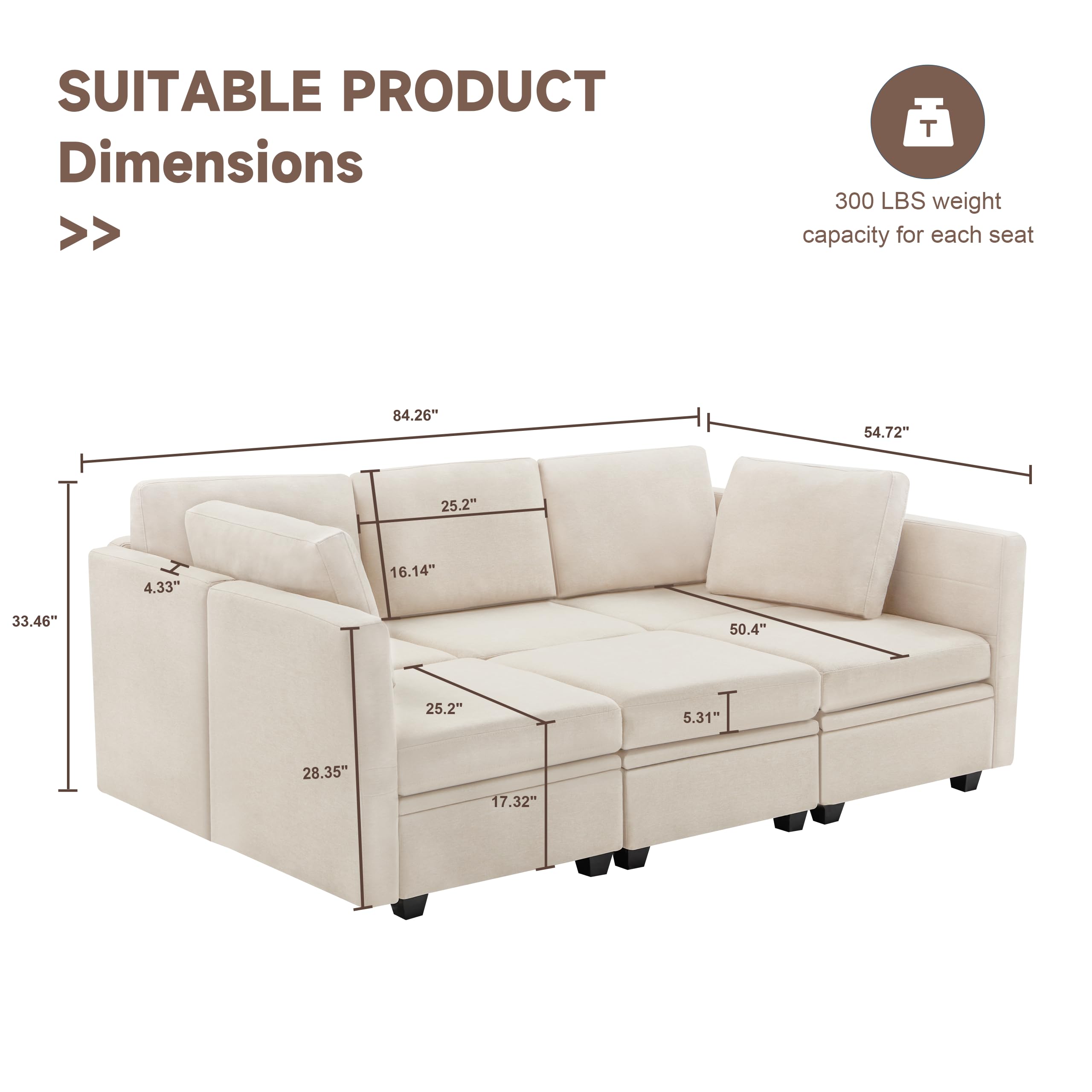 Weture Modular Sectional Sleeper Sofa, Sectional Couch Reversible Sectional Sleeper Sofa Bed, 6 Seat Modular Couch with Storage for Living Room, Sectional Sofa with Chaise, Beige