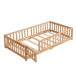 TesNus Twin Size Floor Bed with Door, Montessori Bed with Rails and Slats for Boys and Girls, Solid Wood Platform Bed Frame for Kids with Fence,Natural Wood