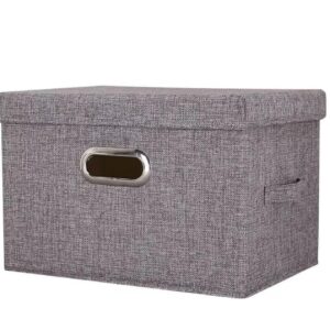 Grey Collapsible Storage Box with Lid, Cotton Linen Washable Dorm Office Bedroom Organizer