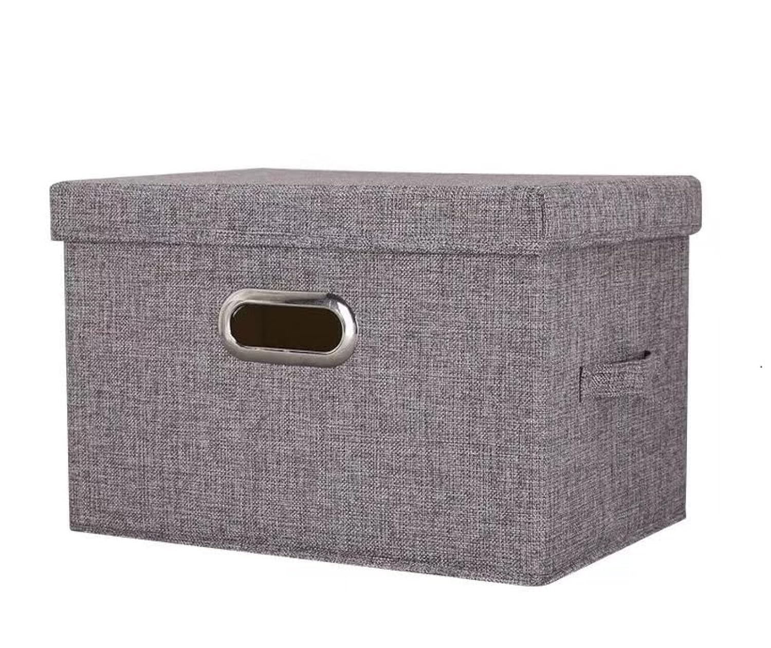 Grey Collapsible Storage Box with Lid, Cotton Linen Washable Dorm Office Bedroom Organizer