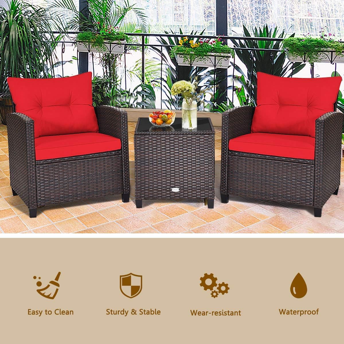 LDAILY Patio Furniture Set, 3 Pieces PE Rattan Wicker Patio Sofa Chairs with Washable Cushion & Glass Table, Outdoor Furniture Conversation Sets for Porch, Balcony, Garden, Poolside (Red)