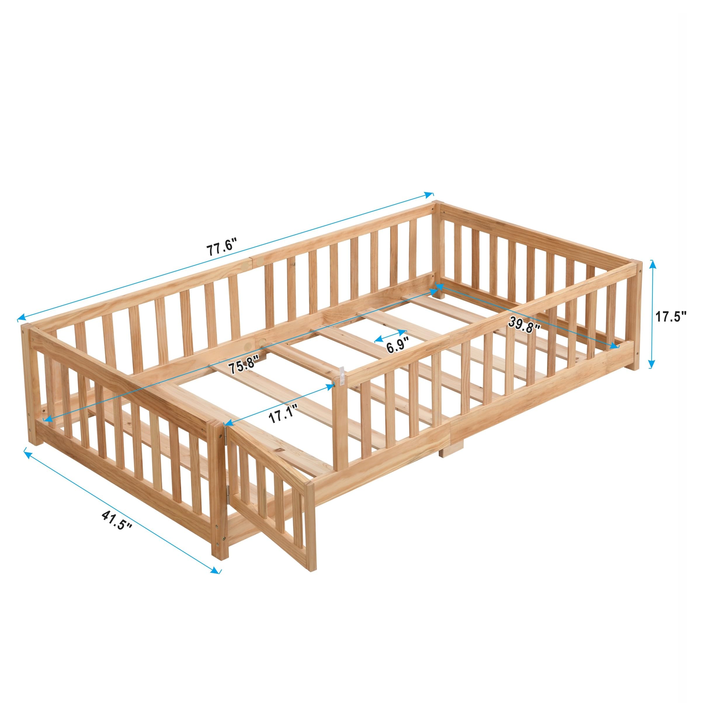 TesNus Twin Size Floor Bed with Door, Montessori Bed with Rails and Slats for Boys and Girls, Solid Wood Platform Bed Frame for Kids with Fence,Natural Wood