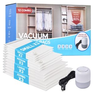 12 pack vacuum storage bags with electric air pump, vacuum seal bags for clothing (3jumbo/3large/3medium/3small), space saver bag for clothes, blanket, duvets, pillows,comforters, bedding,travel