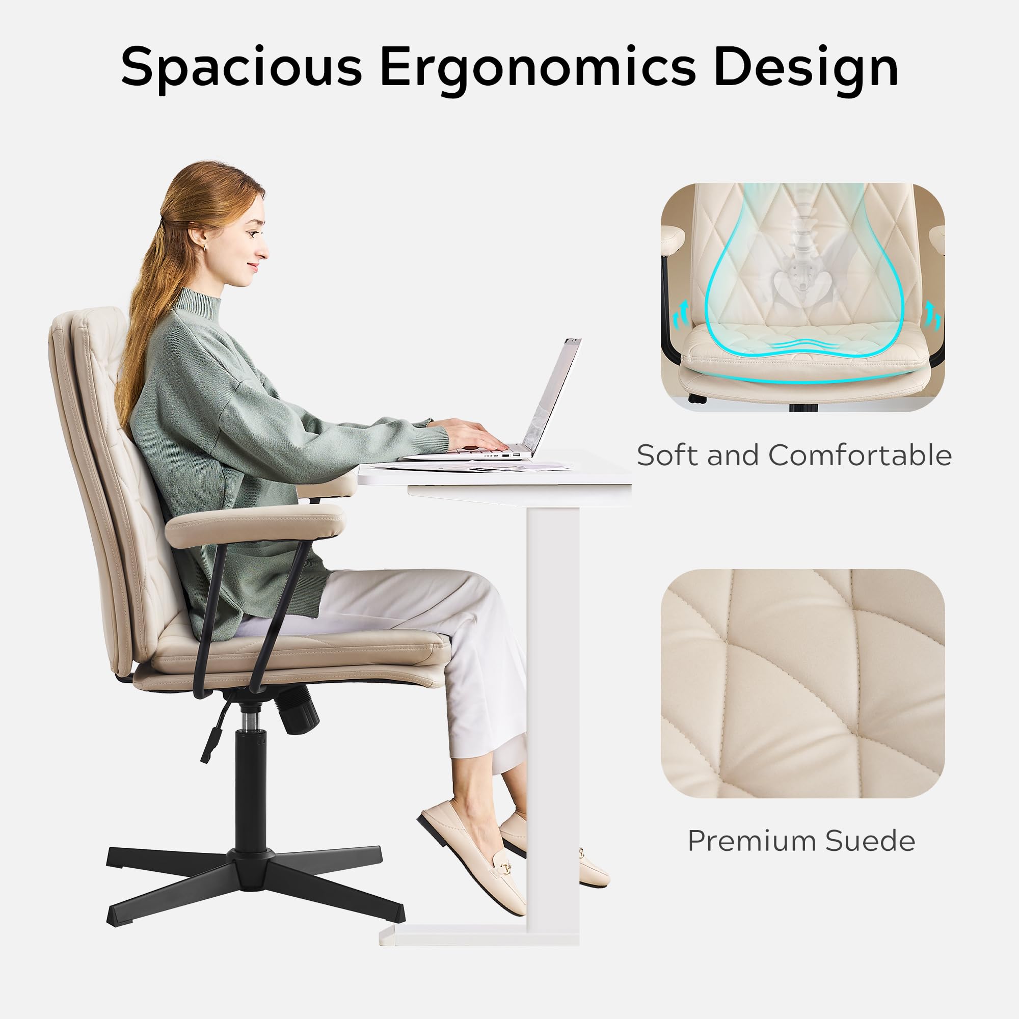 EYYTHUNG Desk Chair No Wheels with Arms Crossleg Stationary Ergonomic Soft Cushion Home Office Swivel Working Computer Chair Cream White