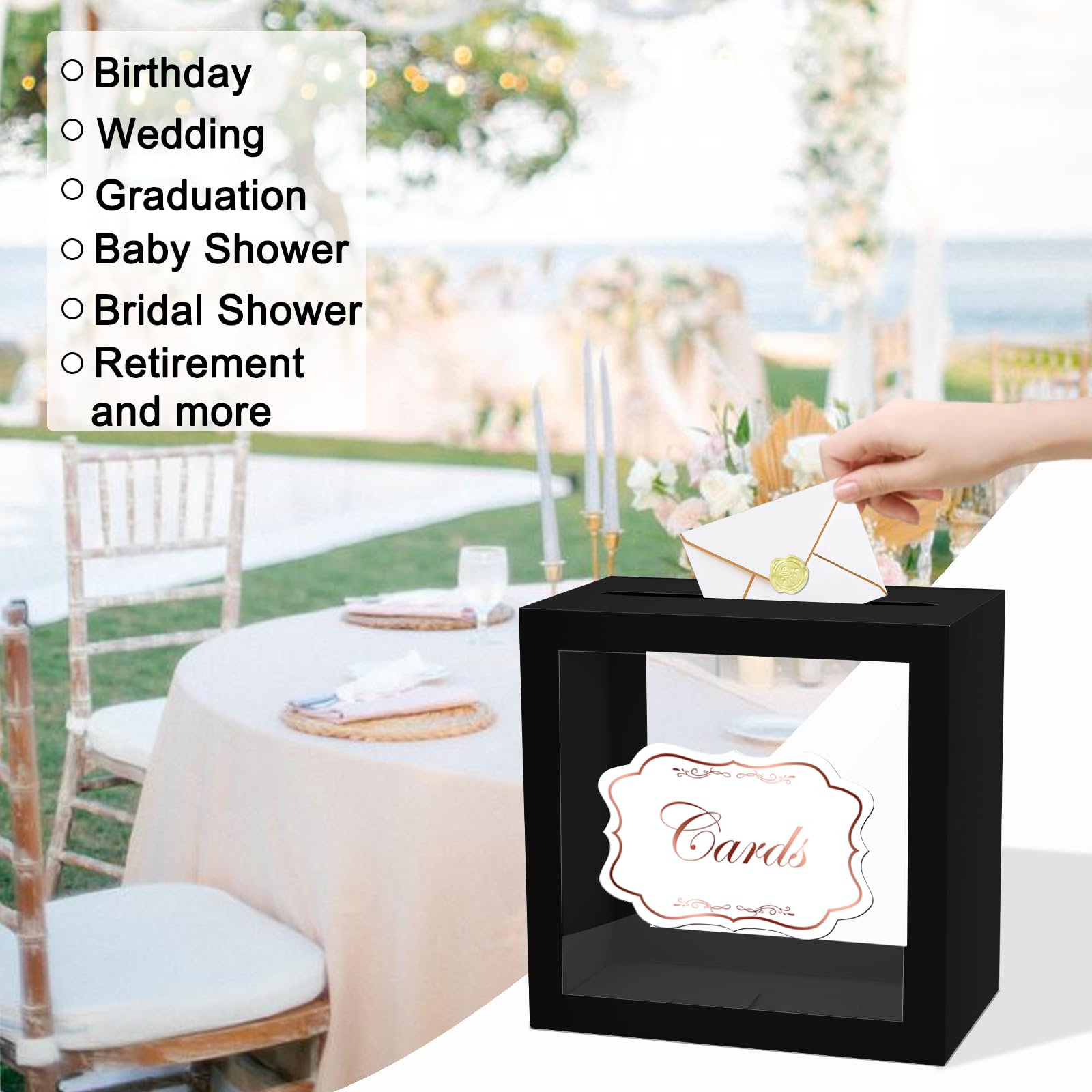 JCTHKUKU Clear Black Card Box for Party, Rectangular Cards Box Gift Cards Receiving Box Holder for Wedding, Bridal & Baby Showers, Graduation, Birthday, Retirement, Anniversaries Party Decorations