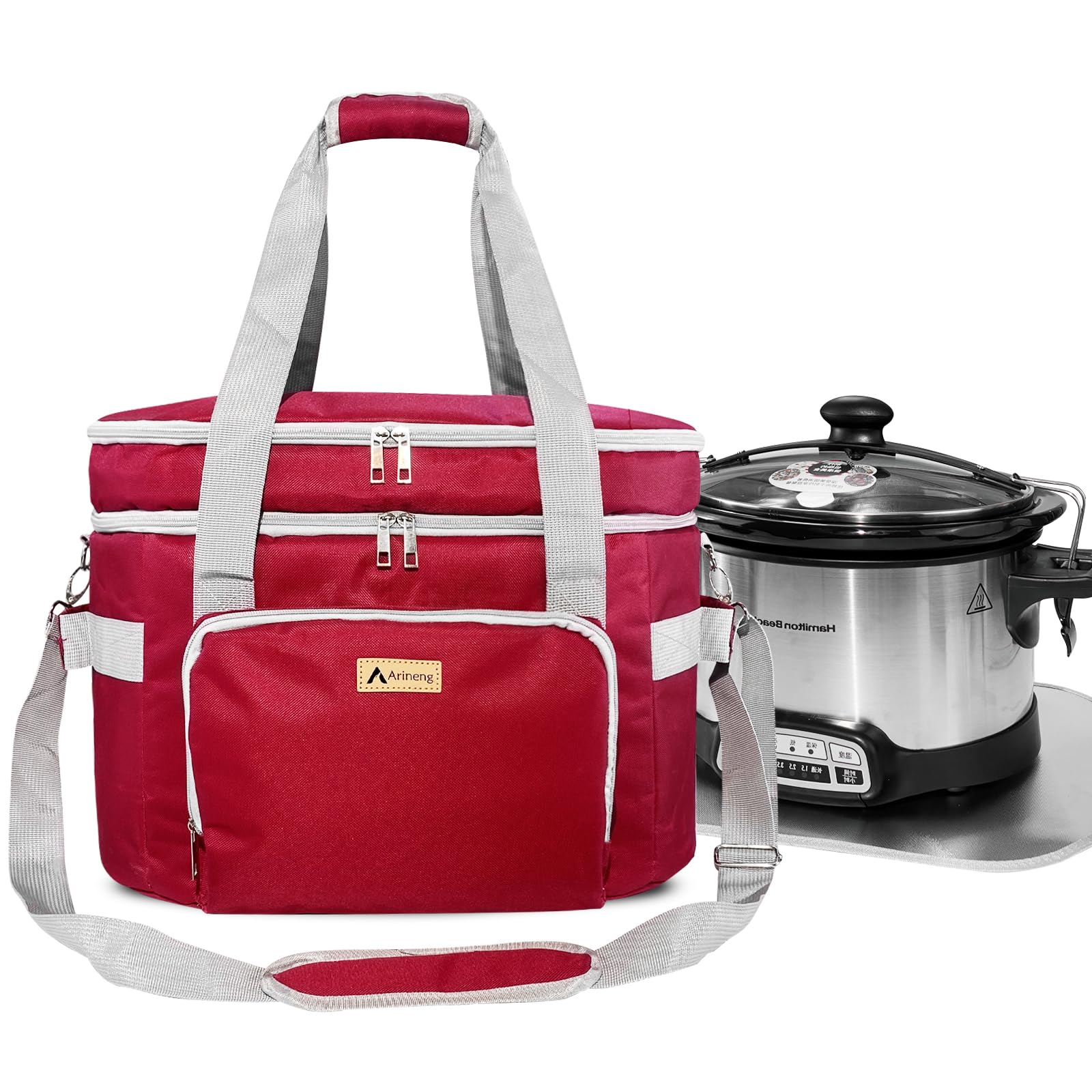 Arineng Double Layer Slow Cooker Bags for 5-8 Quart Crock Pots - Insulated Travel Carrier with Fixators, Base Pad, and Shoulder Strap - Suitable for Small and Large Slow Cookers (rose red)