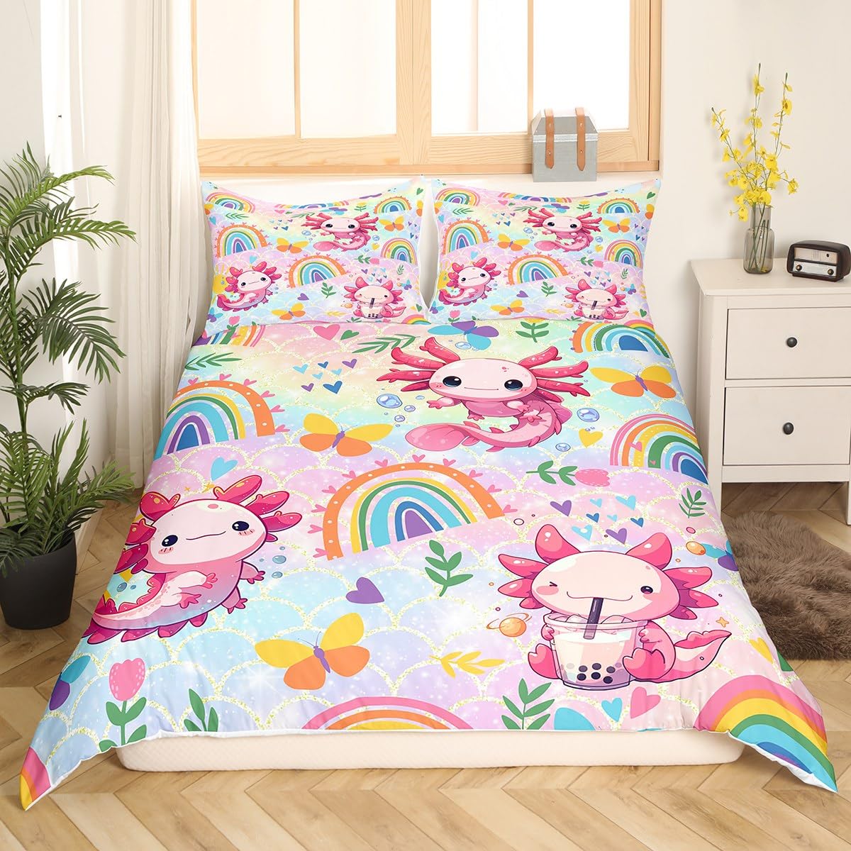 Feelyou Cute Axolotl Comforter Cover Set Cartoon Salamander Duvet Cover for Kids Boys Girls Rainbow and Butterflies Bedding Set Ombre Bedspread Cover Bedroom Collection 3Pcs Full Size